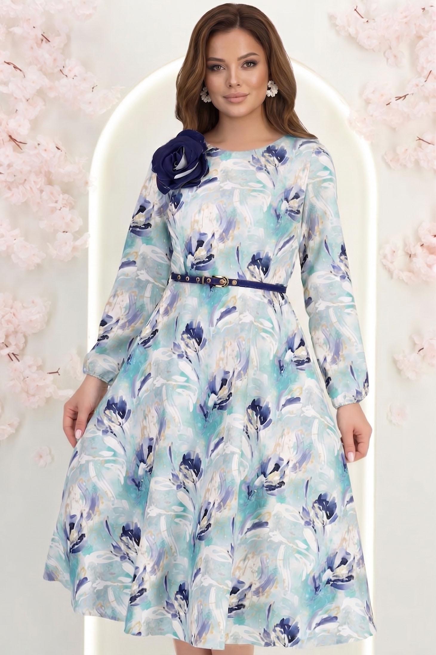 Rochie din stofa elastica albastra-deschis midi in clos accesorizata cu brosa florara si curea detasabile- StarShinerS 1 - StarShinerS.ro