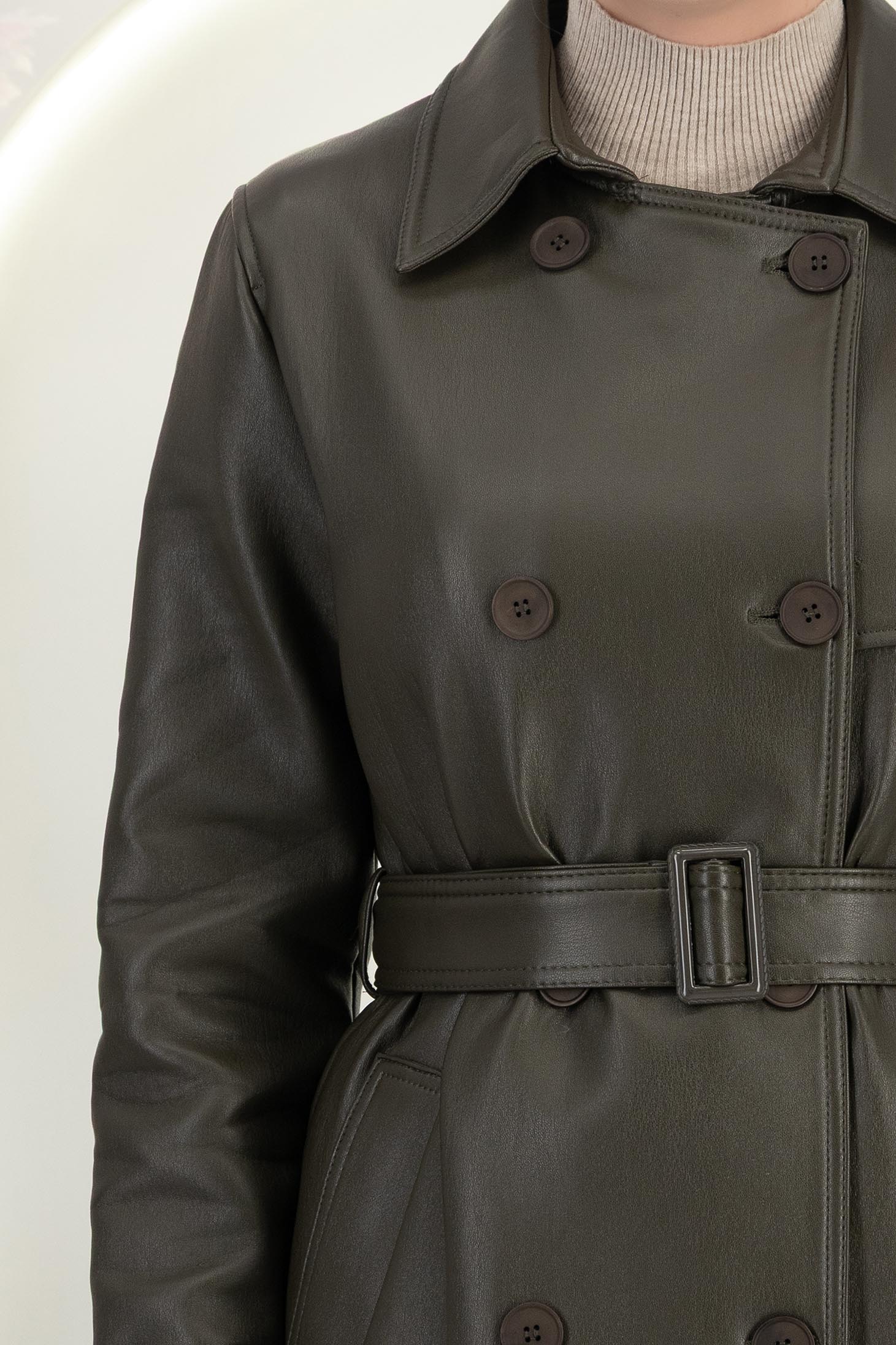 Palton din piele ecologica khaki cu un croi drept accesorizat cu cordon 5 - StarShinerS.ro