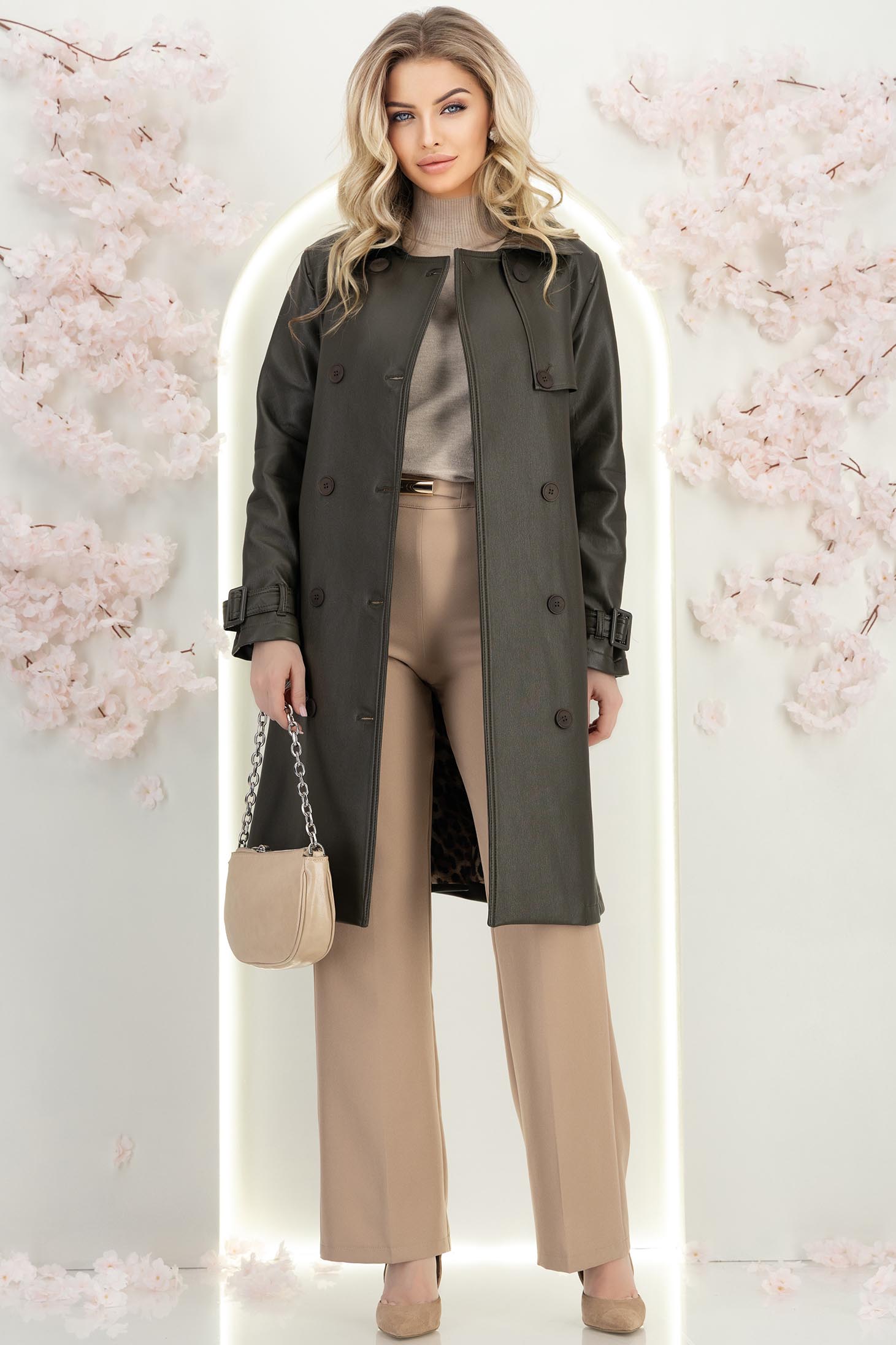 Palton din piele ecologica khaki cu un croi drept accesorizat cu cordon 4 - StarShinerS.ro