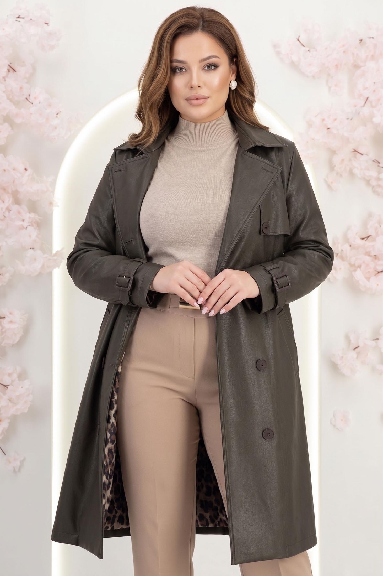 Palton din piele ecologica khaki cu un croi drept accesorizat cu cordon 2 - StarShinerS.ro