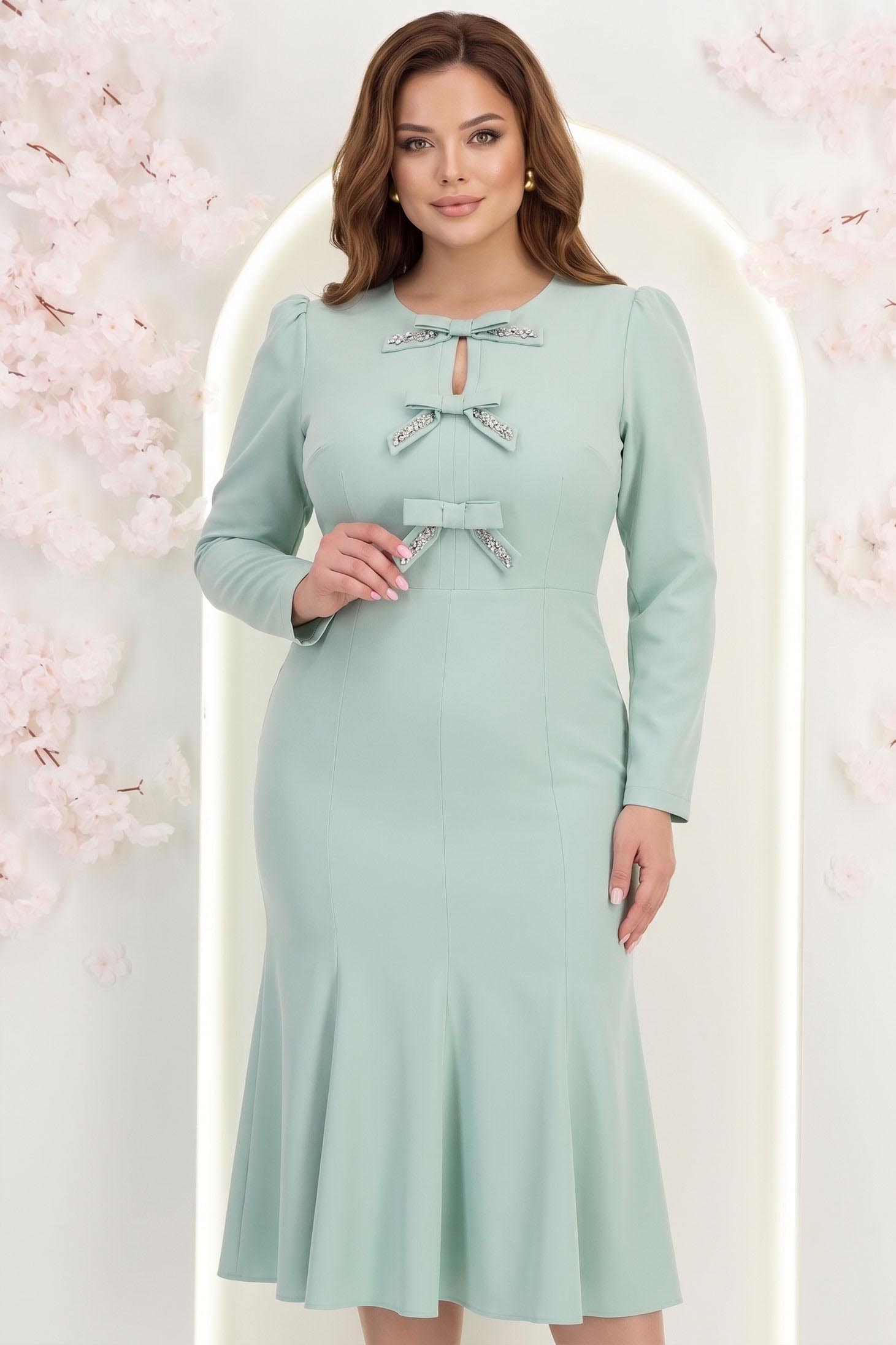 Rochie din stofa elastica mint midi in clini accesorizata frontal cu fundite si pietre strass - StarShinerS 1 - StarShinerS.ro