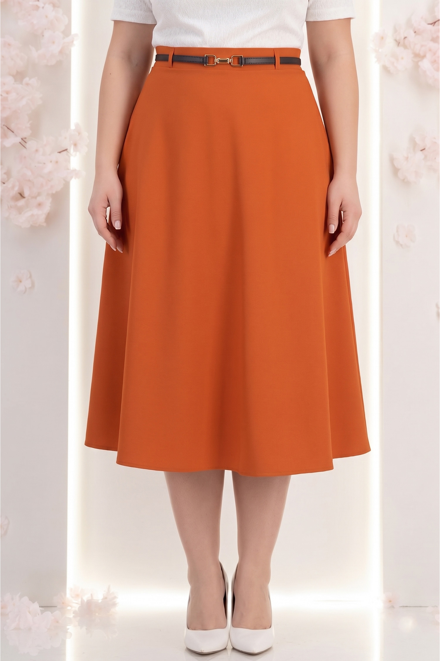 Fusta din stofa maro midi in clos cu accesoriu tip curea - StarShinerS 2 - StarShinerS.ro