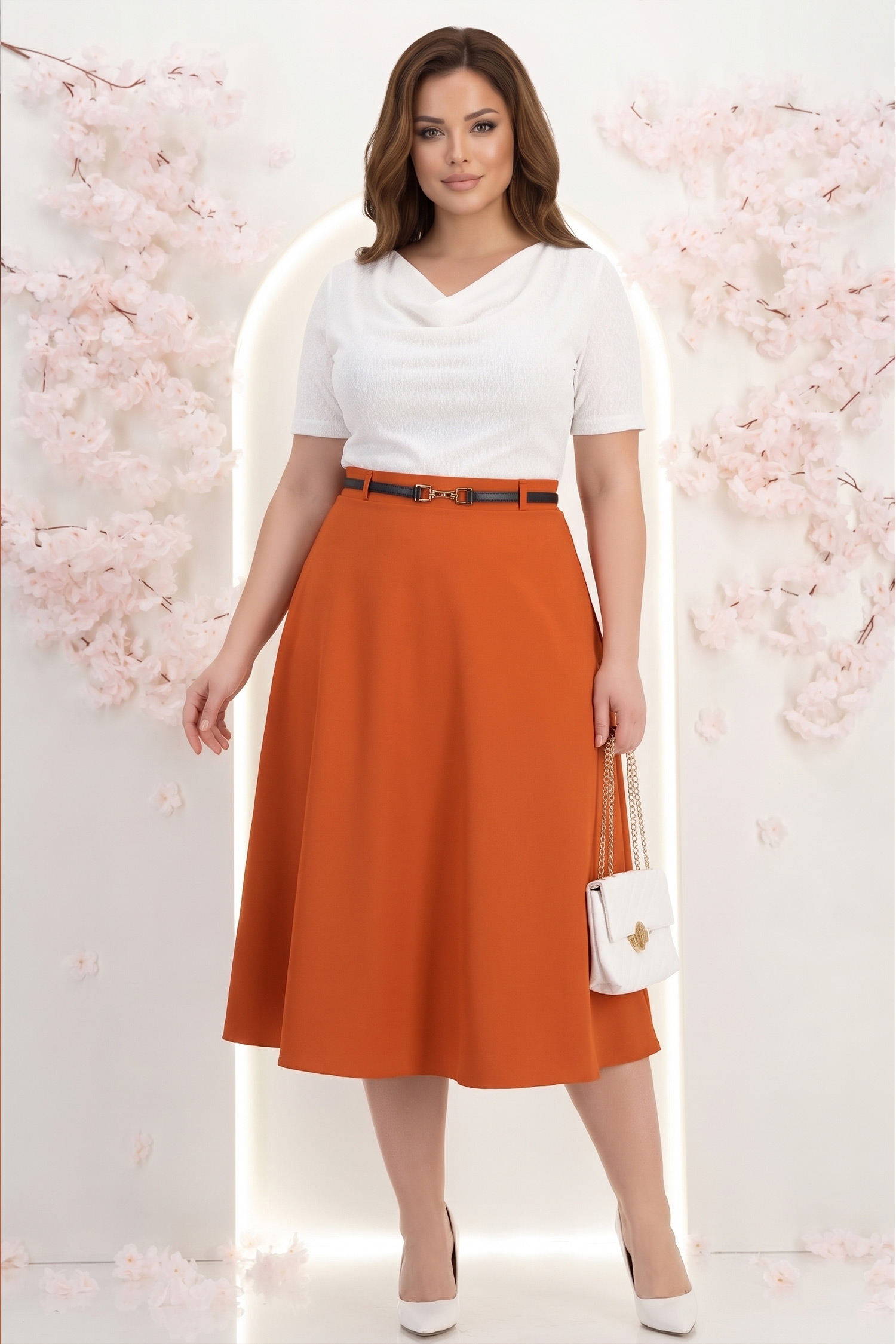 Fusta din stofa maro midi in clos cu accesoriu tip curea - StarShinerS 1 - StarShinerS.ro