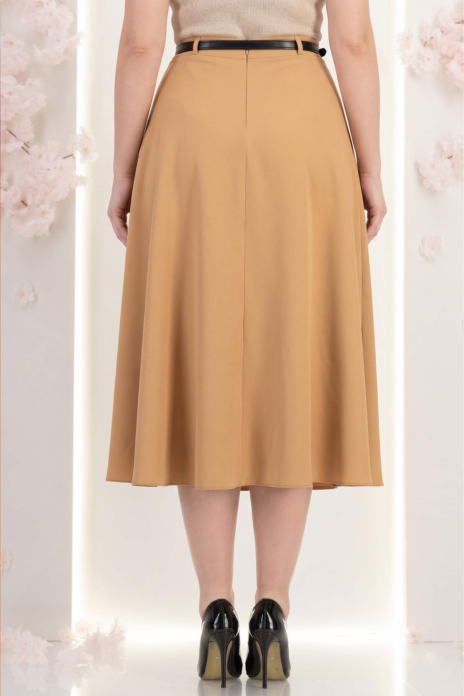 Fusta din stofa mocha midi in clos cu accesoriu tip curea - StarShinerS 3 - StarShinerS.ro