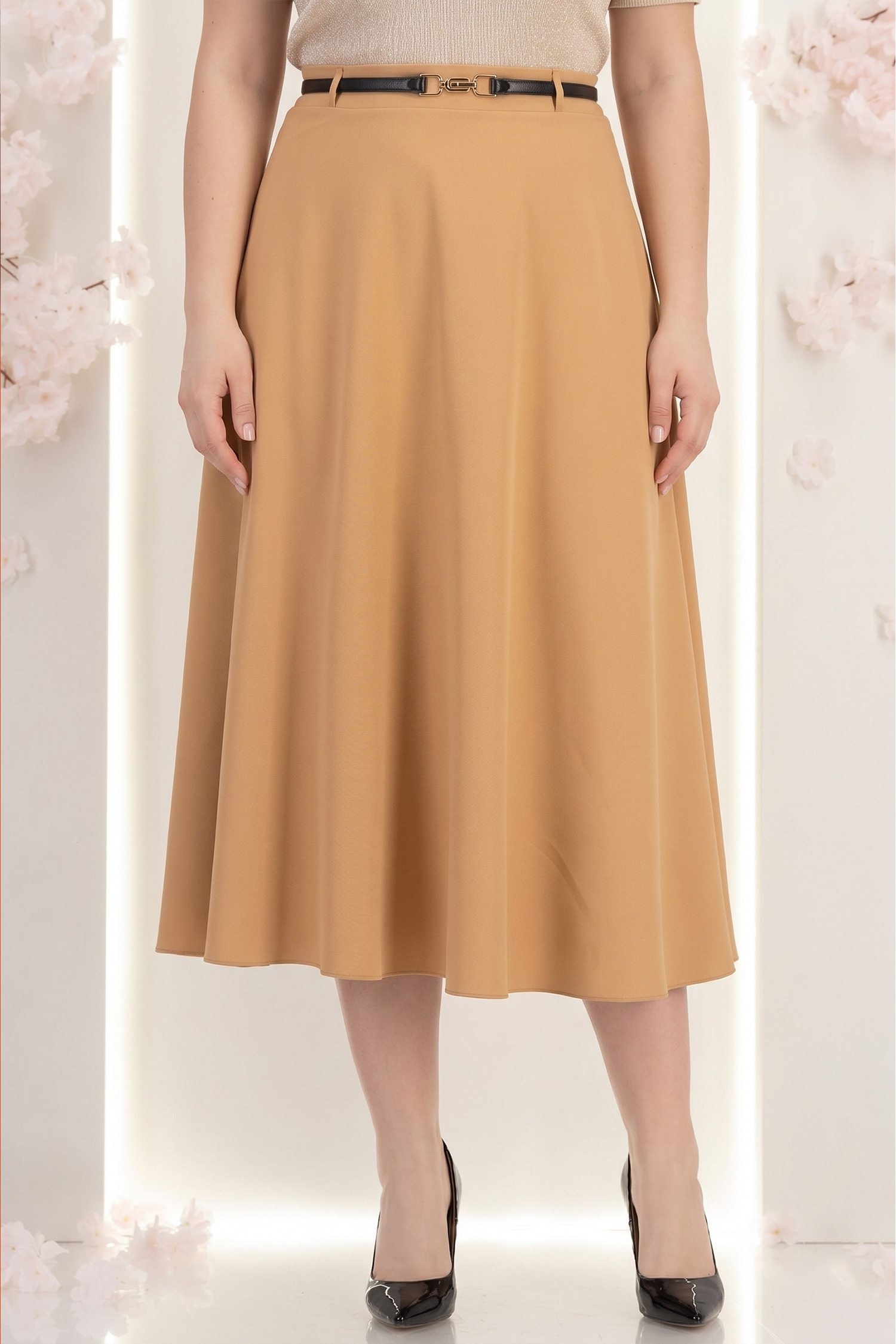 Fusta din stofa mocha midi in clos cu accesoriu tip curea - StarShinerS 2 - StarShinerS.ro