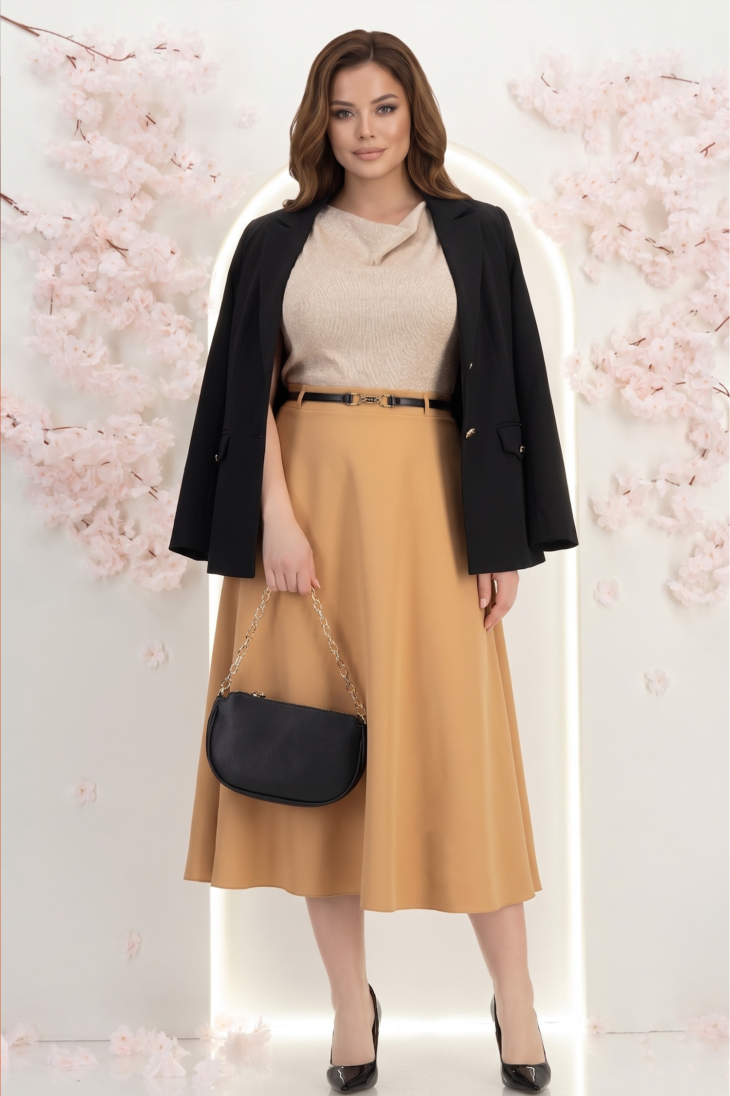 Fusta din stofa mocha midi in clos cu accesoriu tip curea - StarShinerS 1 - StarShinerS.ro