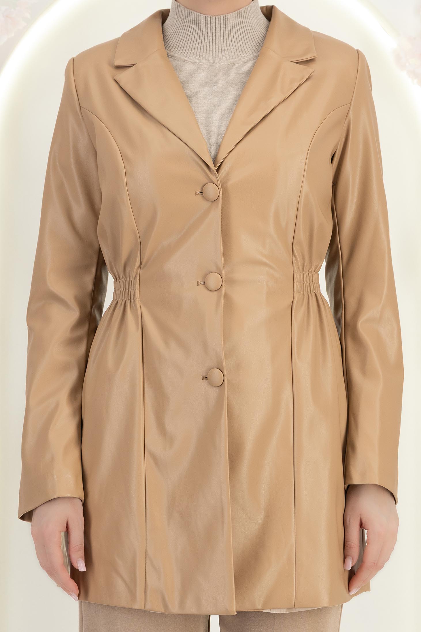 Palton tip trench din piele ecologica bej cambrat cu elastic in talie 5 - StarShinerS.ro