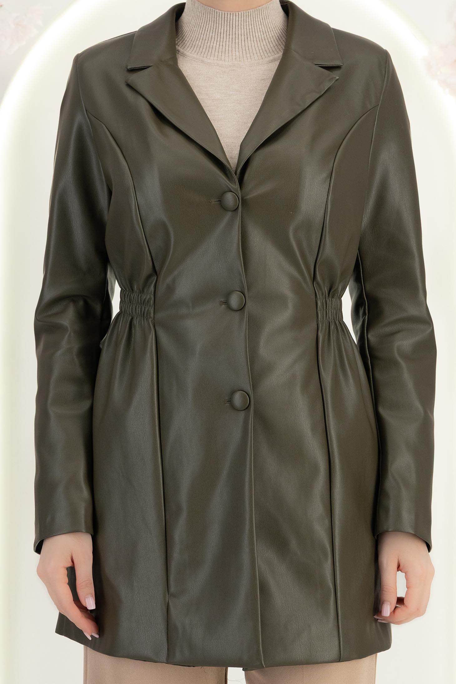 Trench din piele ecologica kaki cambrat cu elastic in talie 7 - StarShinerS.ro