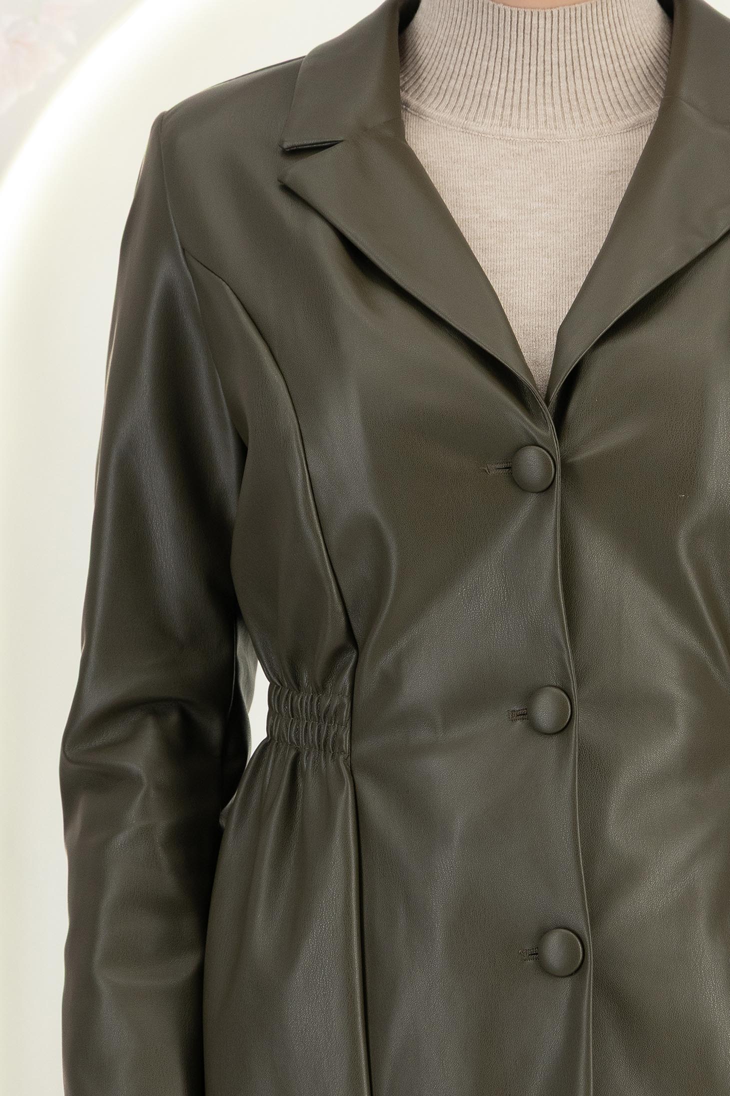 Palton tip trench din piele ecologica khaki cambrat cu elastic in talie 5 - StarShinerS.ro