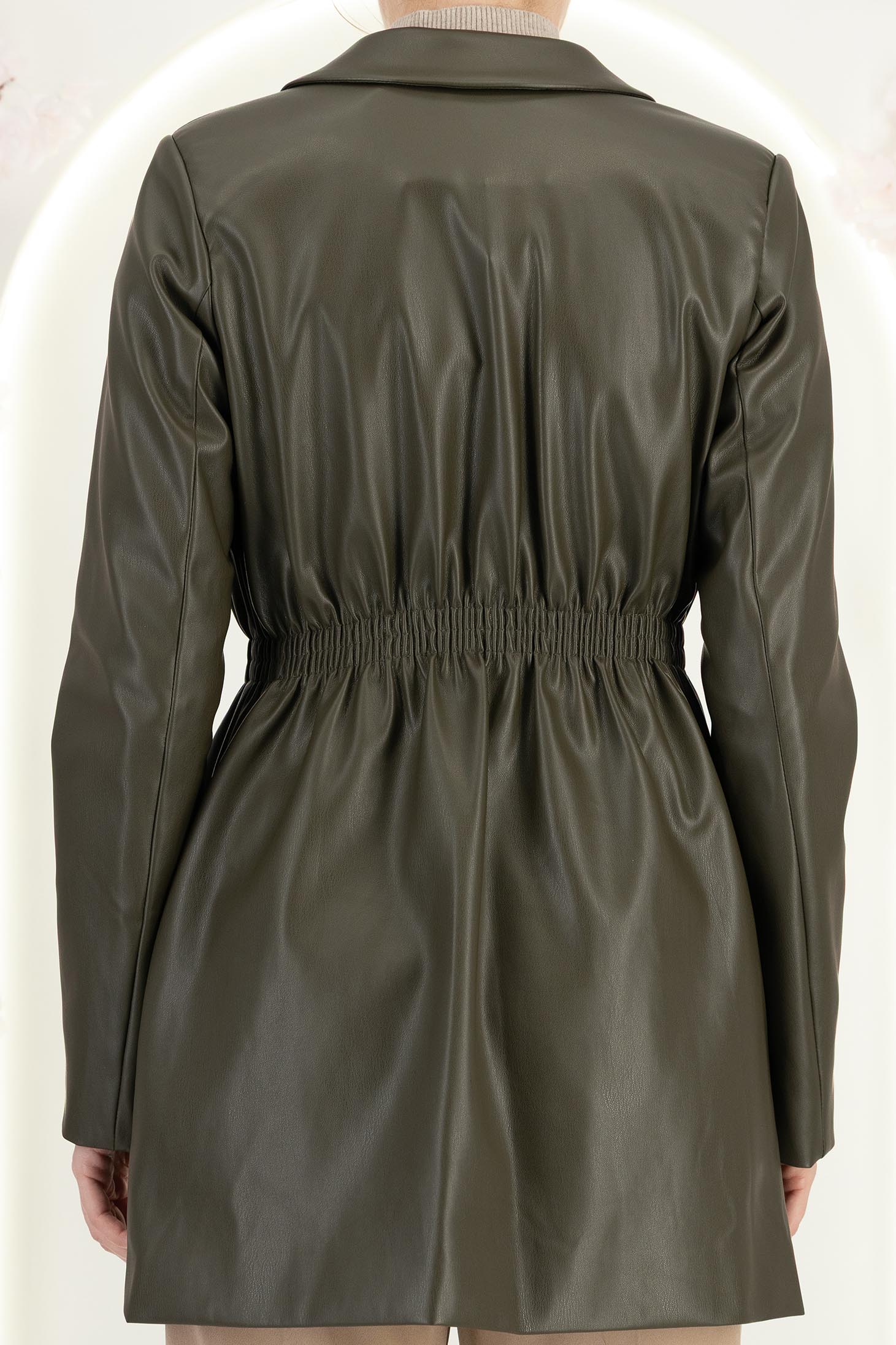 Palton tip trench din piele ecologica khaki cambrat cu elastic in talie 6 - StarShinerS.ro