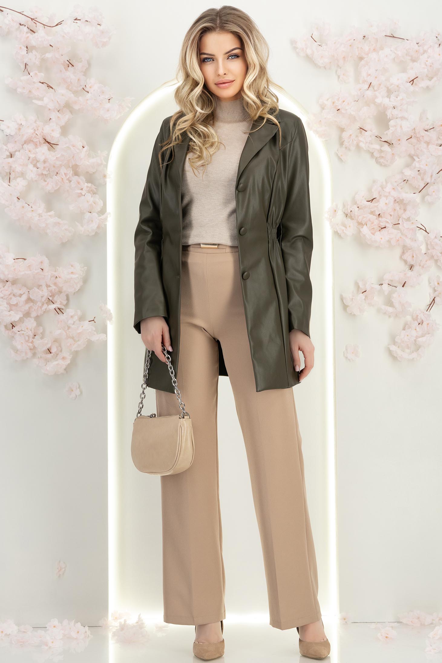 Palton tip trench din piele ecologica khaki cambrat cu elastic in talie 4 - StarShinerS.ro