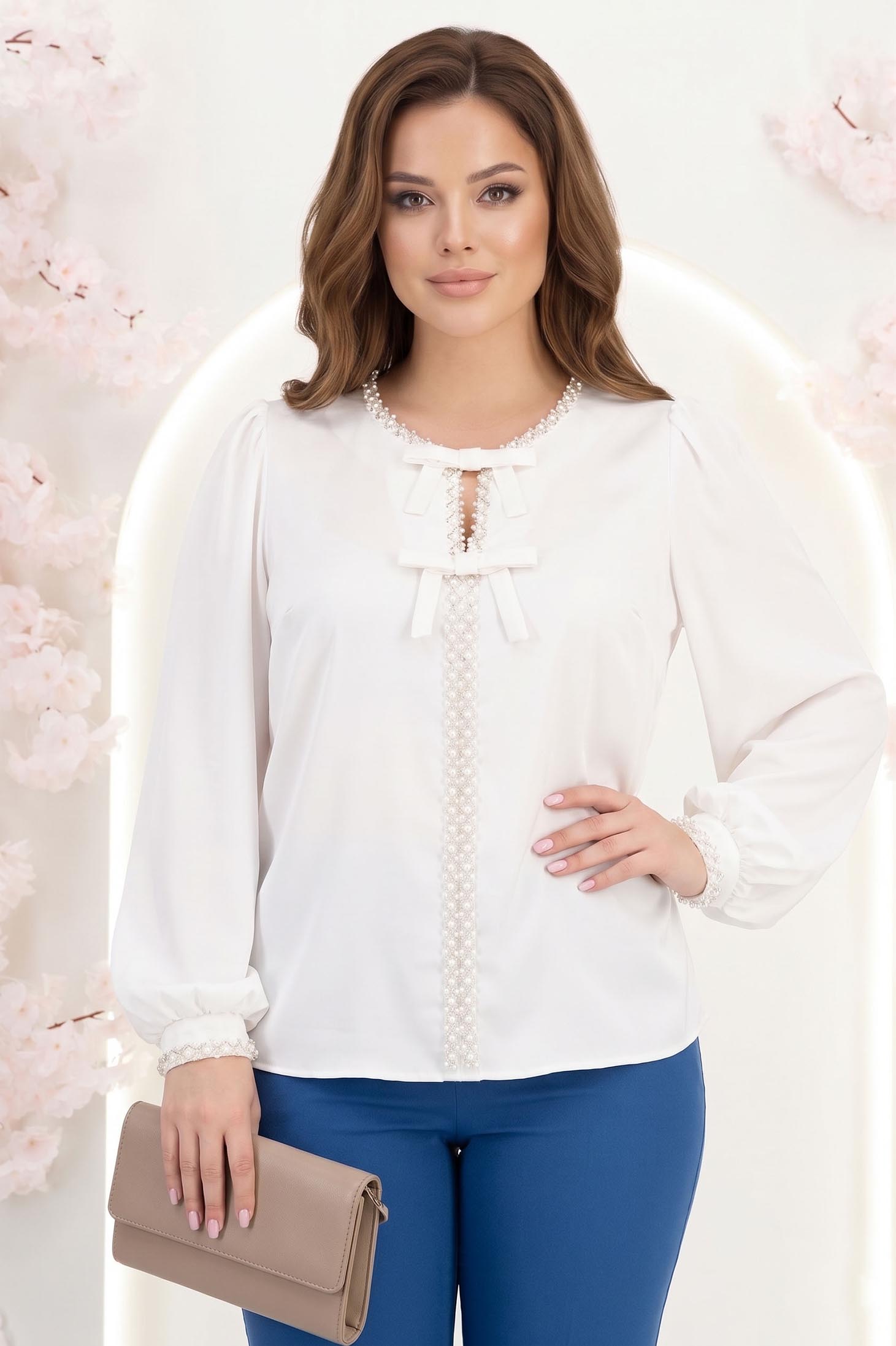 Bluza dama din satin alba cu croi larg accesorizata cu fundite perle - StarShinerS 1 - StarShinerS.ro