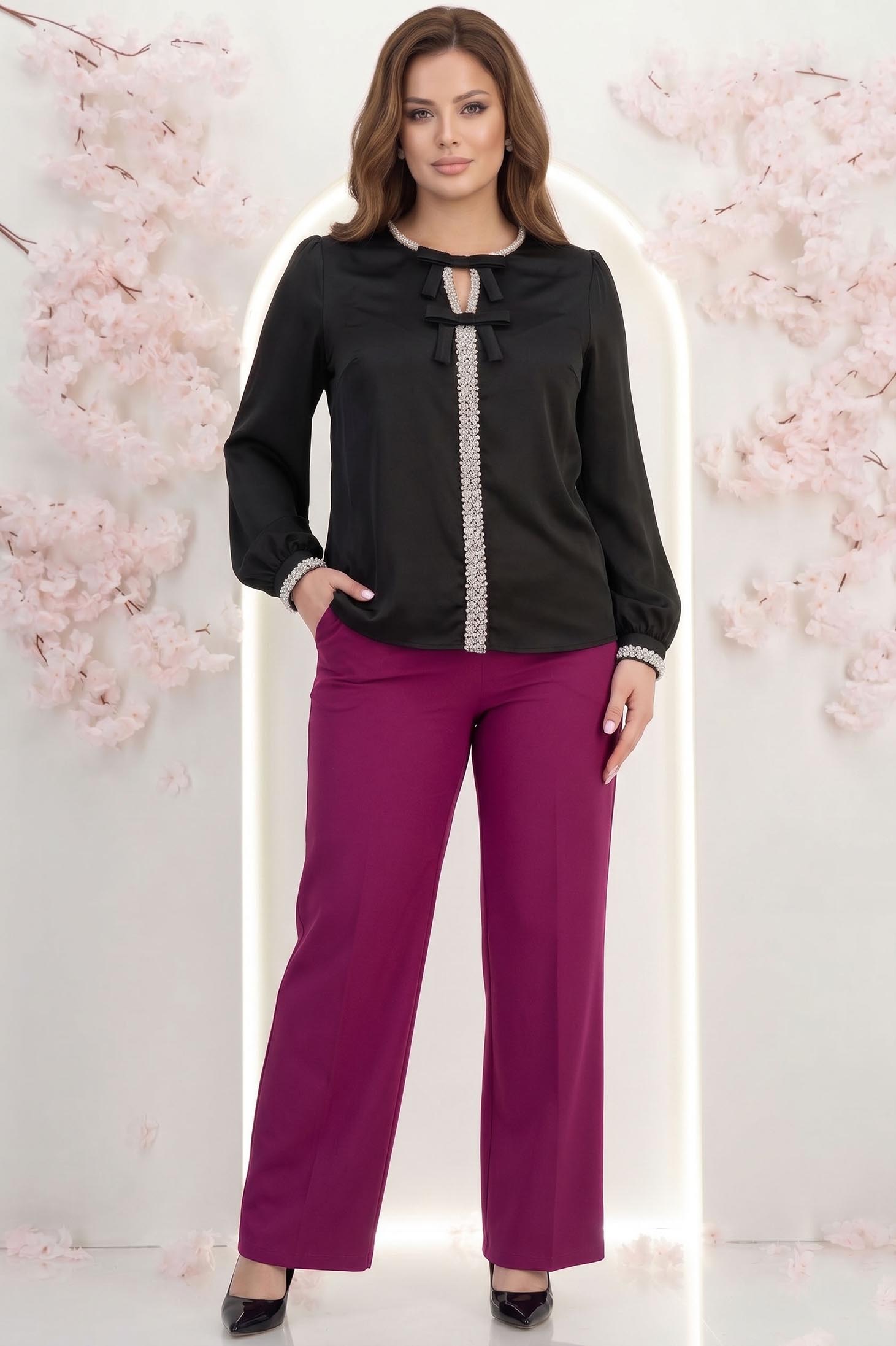 Bluza dama din satin neagra cu croi larg accesorizata cu fundite perle - StarShinerS 2 - StarShinerS.ro