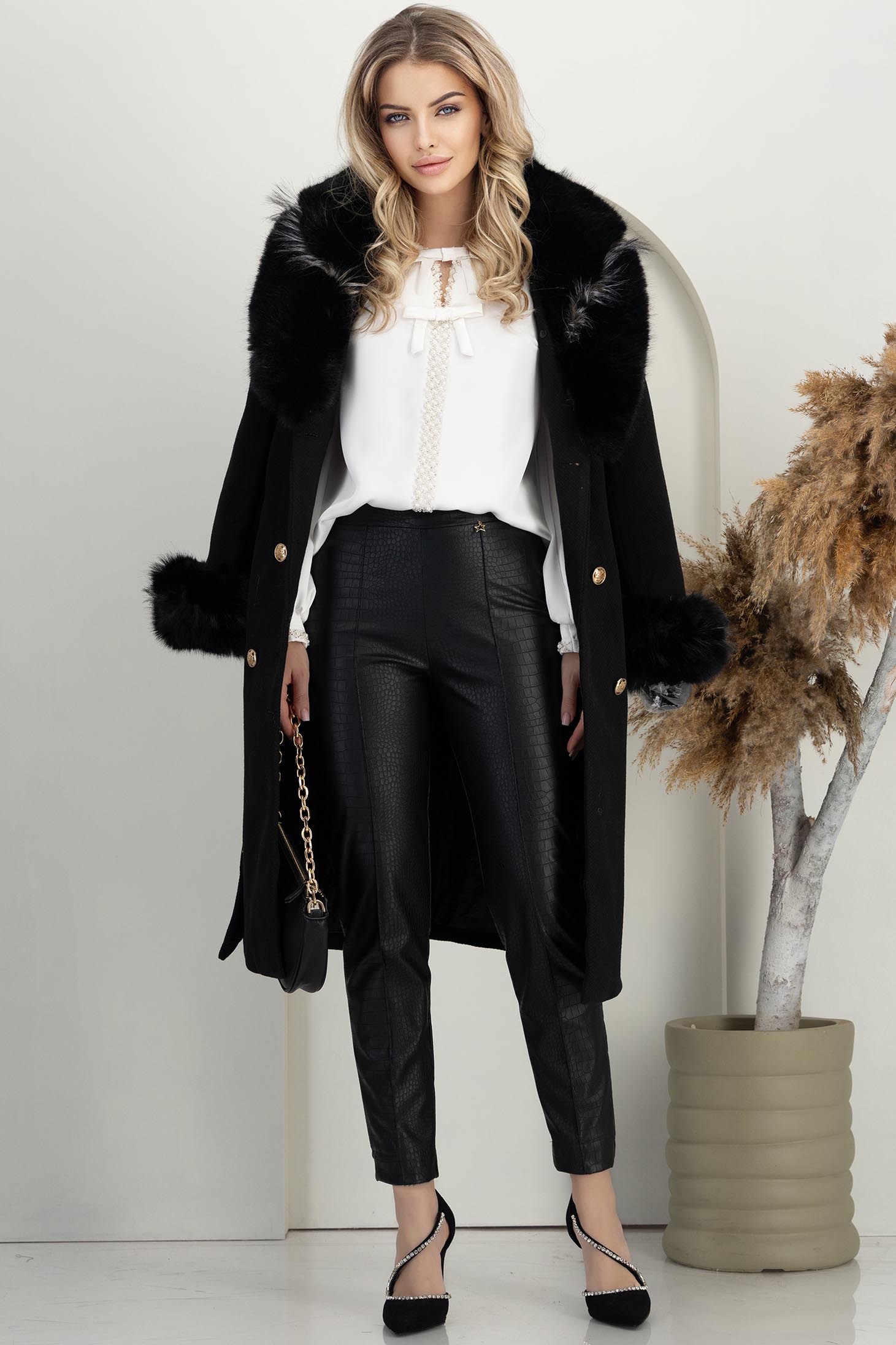 Pantaloni din piele ecologica negri lungi conici tip croco - StarShinerS 2 - StarShinerS.ro