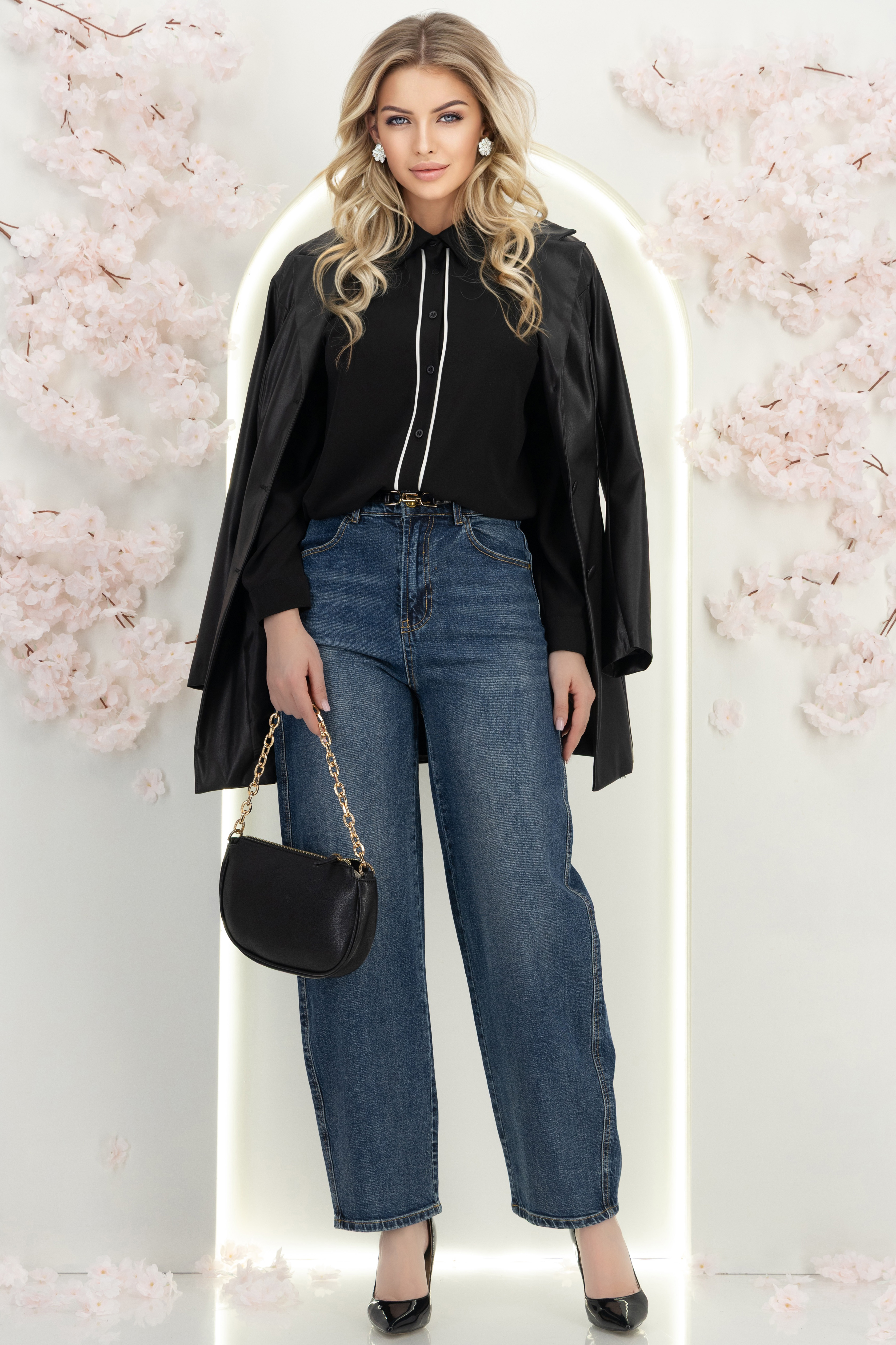 Női, fekete szatén ing, hosszú ujjú, bő szabású 2 - StarShinerS.hu