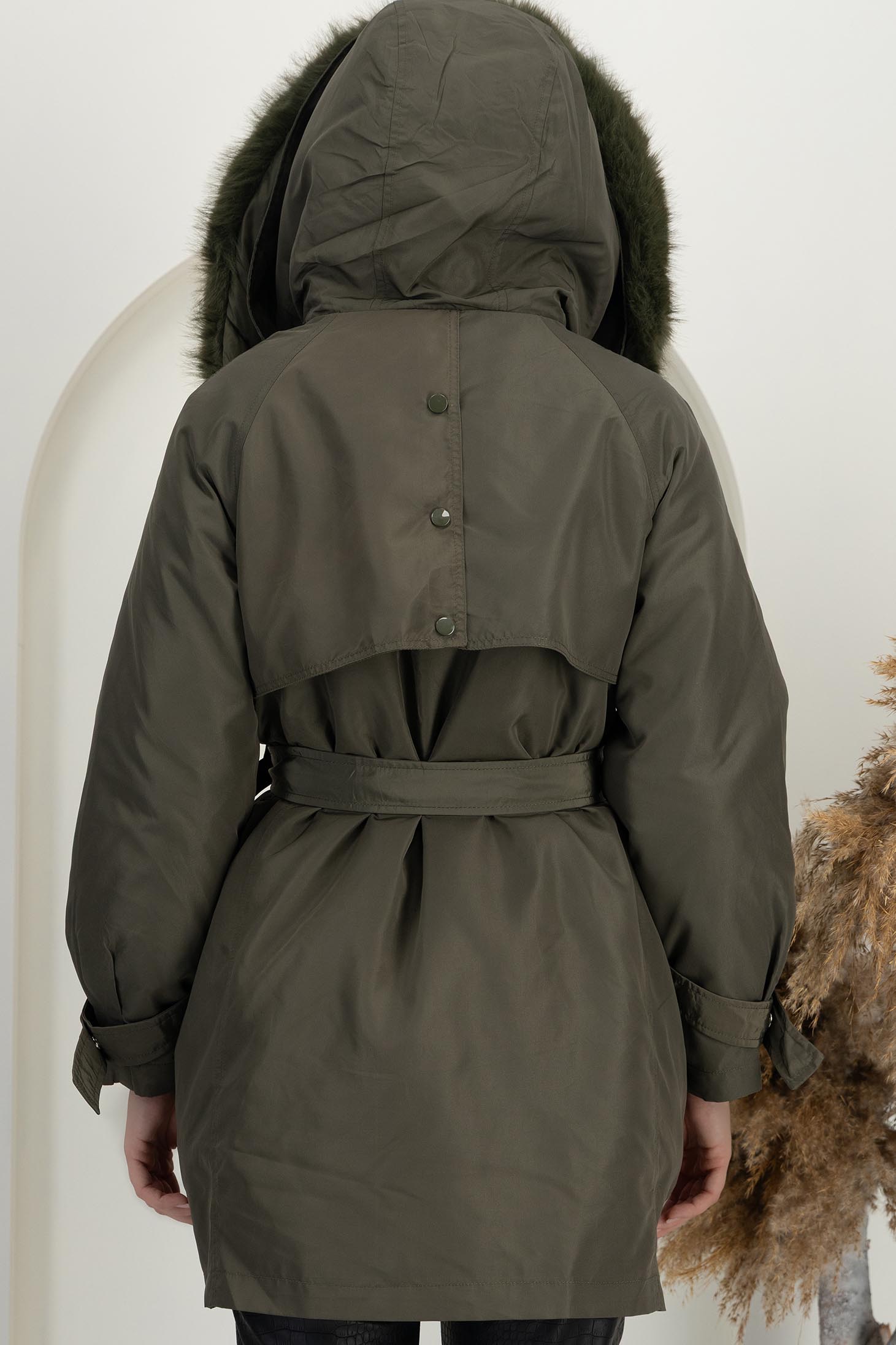 Khaki zöld bő szabású kabát, 2 az 1-ben kapucnival és műszőrme betétekkel 6 - StarShinerS.hu