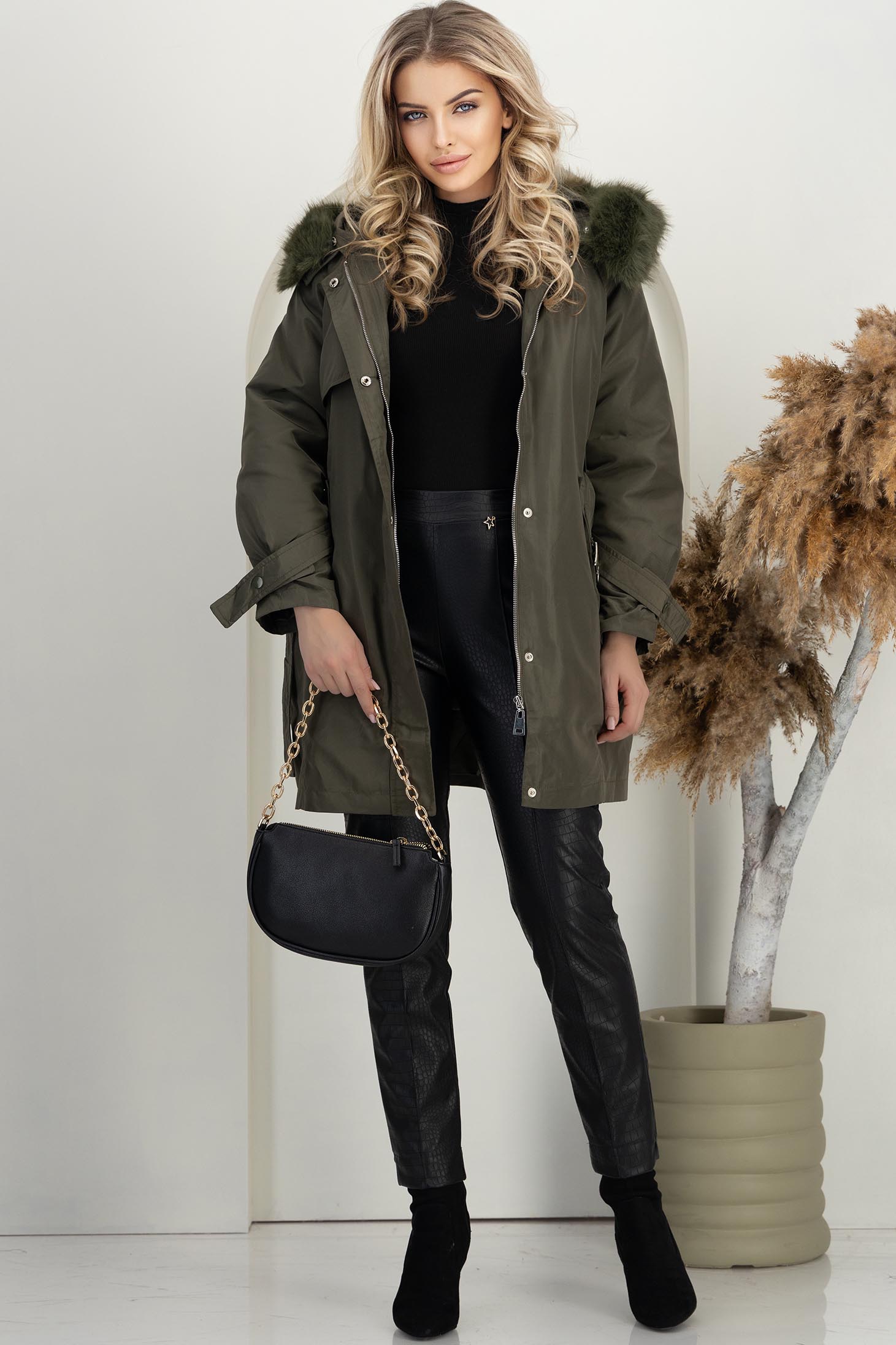Khaki zöld bő szabású kabát, 2 az 1-ben kapucnival és műszőrme betétekkel 5 - StarShinerS.hu