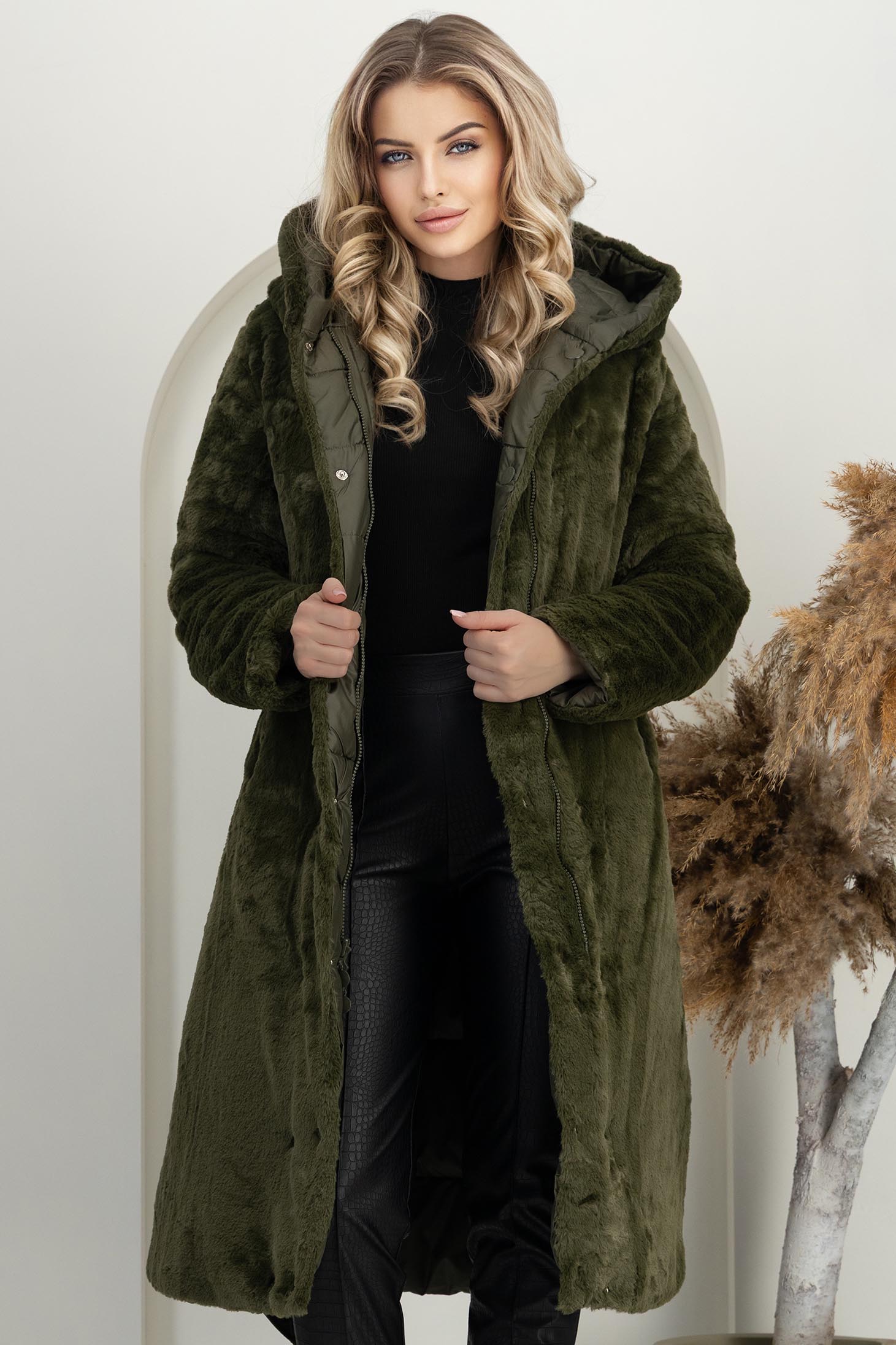 Geaca din fas kaki lunga cu un croi drept  cu 2 fete 3 - StarShinerS.ro