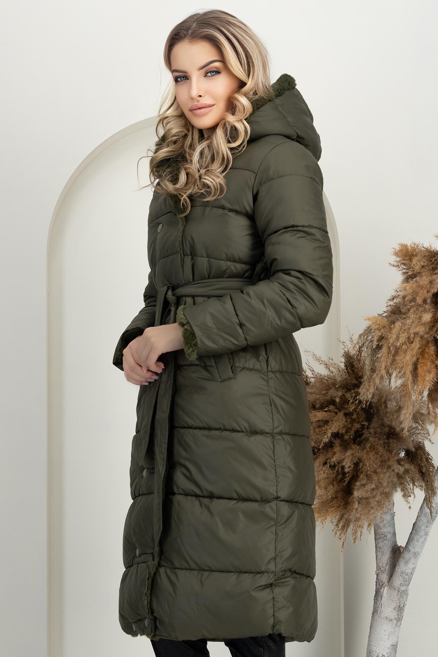 Geaca din fas kaki lunga cu un croi drept  cu 2 fete 2 - StarShinerS.ro