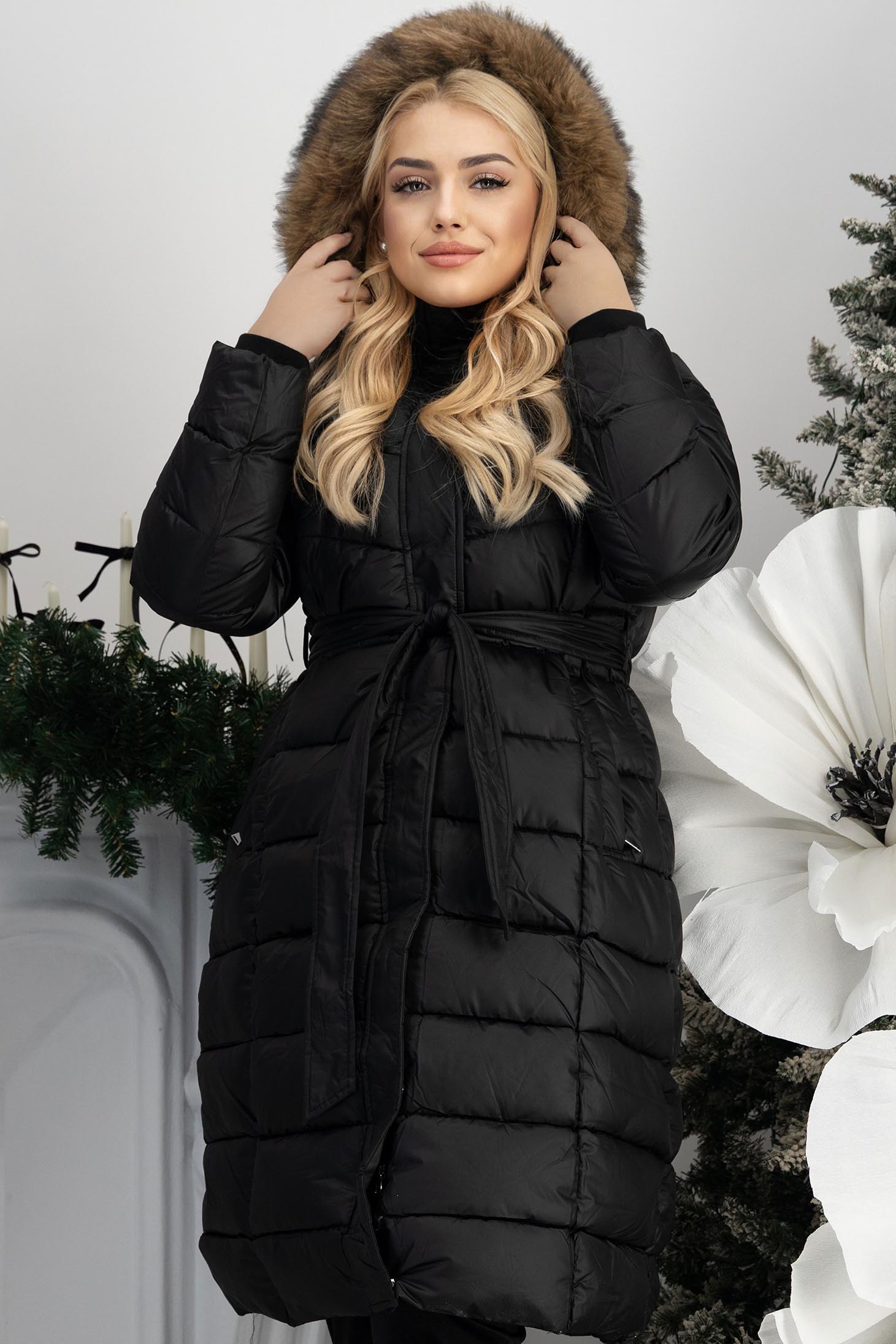 Geaca din fas neagra lunga cambrata cu cordon si insertie de blana eco detasabile 3 - StarShinerS.ro