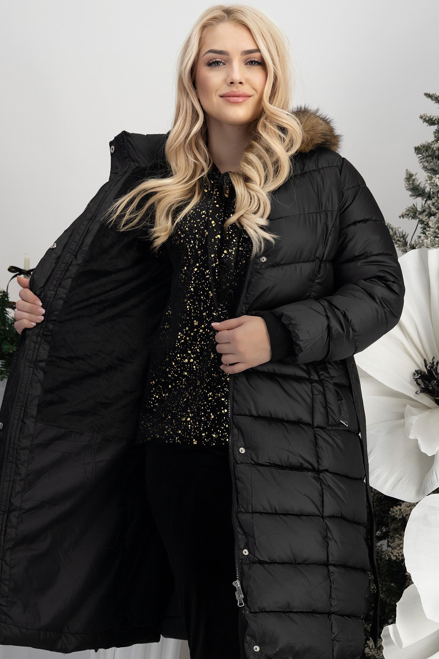 Geaca din fas neagra lunga cambrata cu cordon si insertie de blana eco detasabile 4 - StarShinerS.ro
