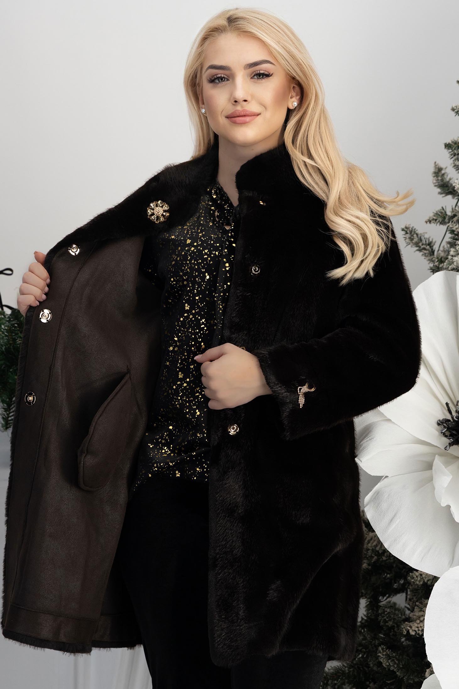 Smeđ ženska krzna eko krzno 3 - StarShinerS.hr