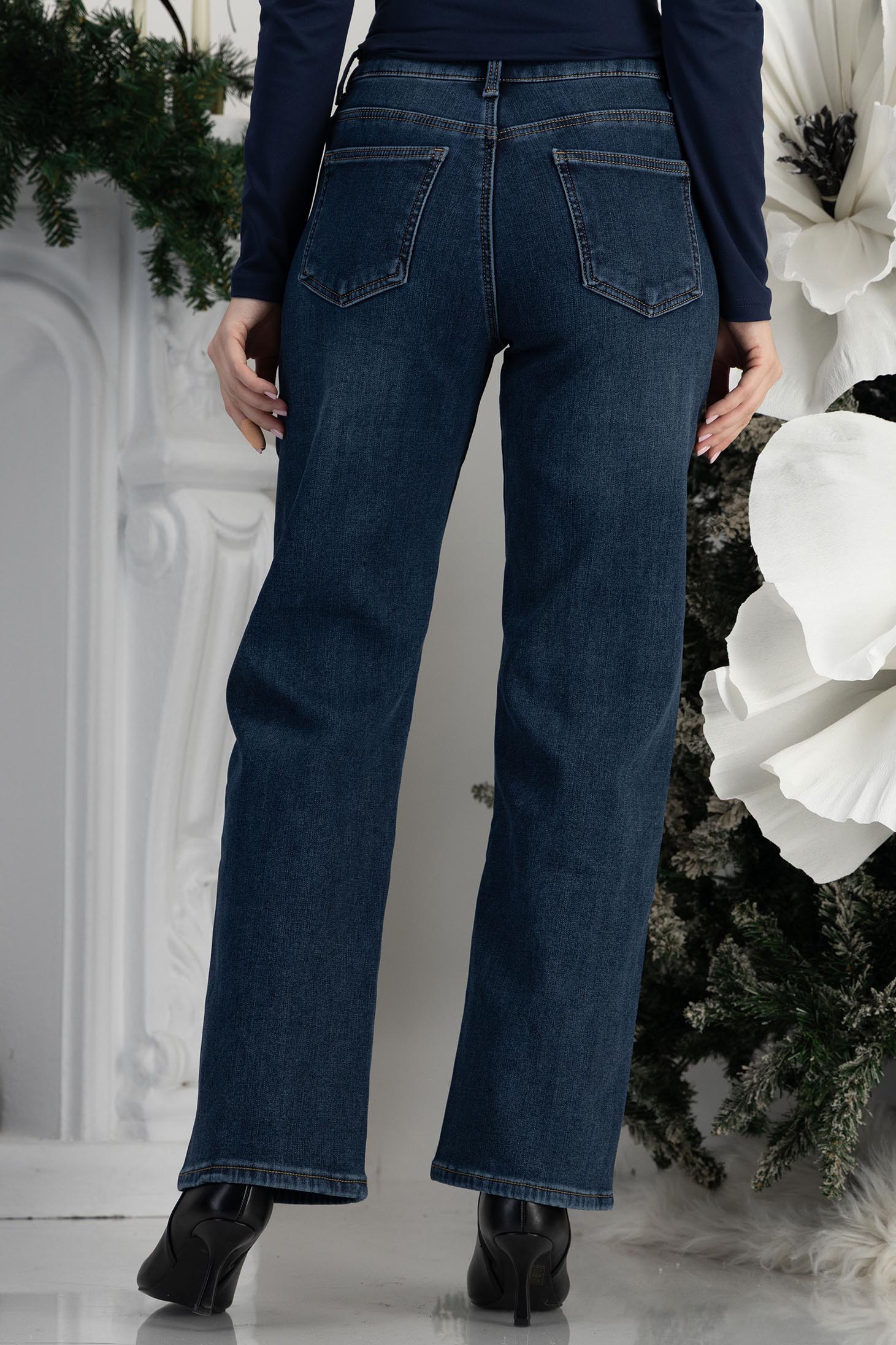 Blugi albastri lungi evazati si vatuiti cu buzunare 5 - StarShinerS.ro