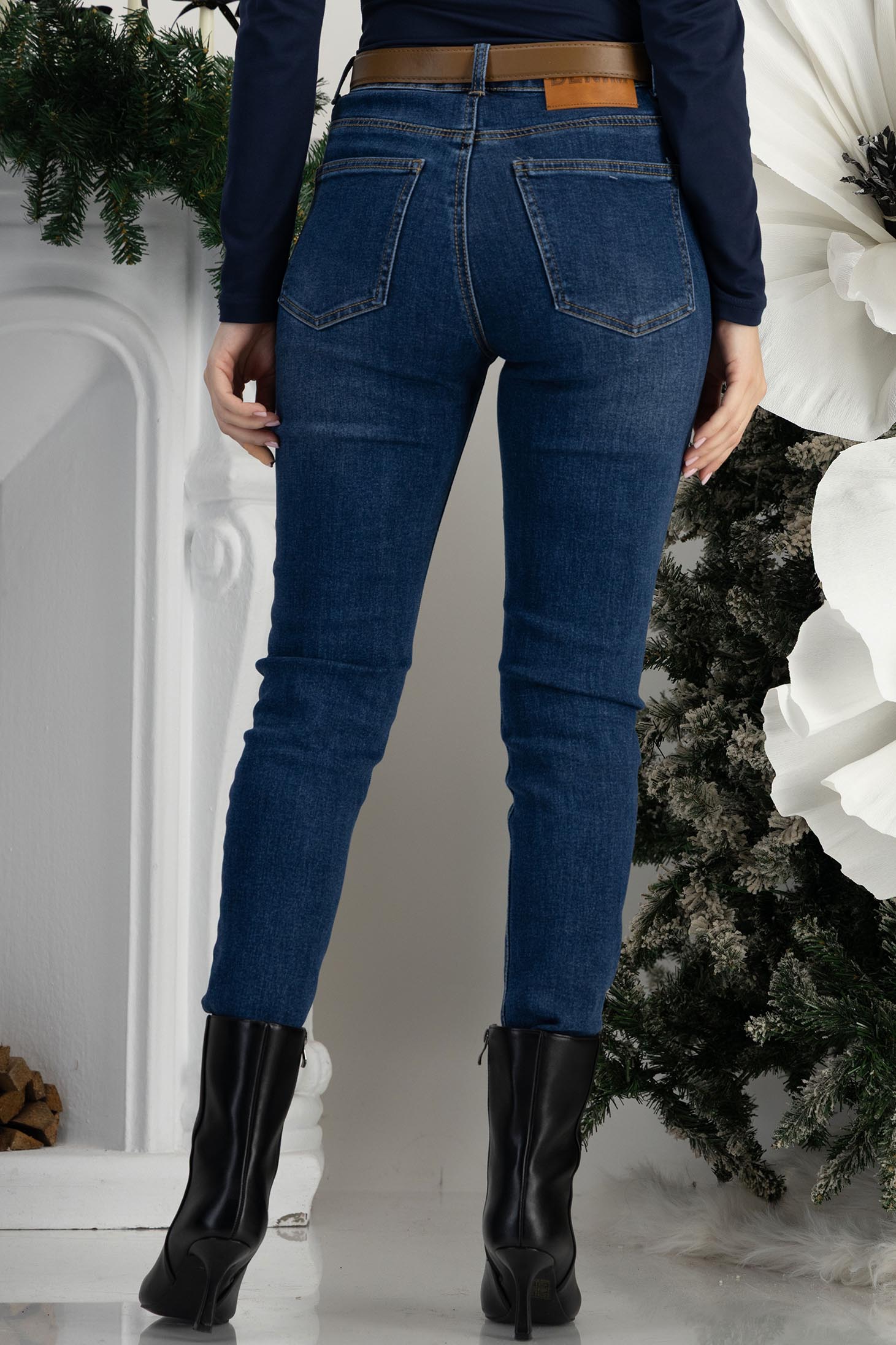 Blugi albastri lungi skinny cu accesoriu tip curea 3 - StarShinerS.ro