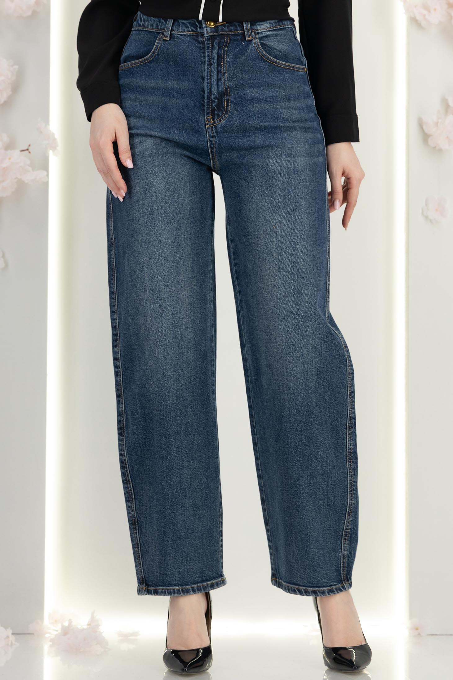 StarShinerS.ro Blugi albastri cu talie inalta mom fit cu buzunare laterale