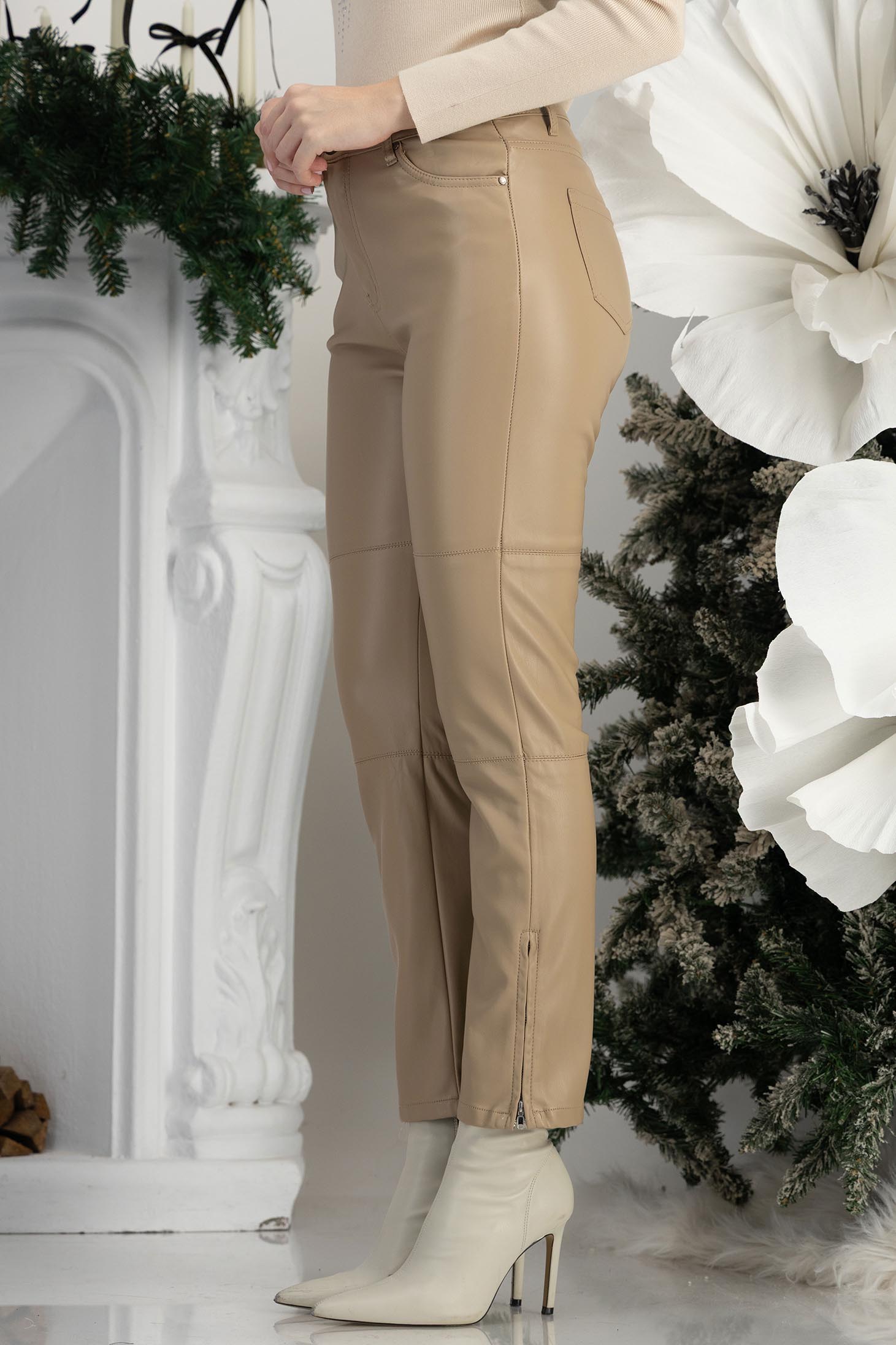 Bež ženske hlače izrađena od eko kože visoki struk 3 - StarShinerS.hr