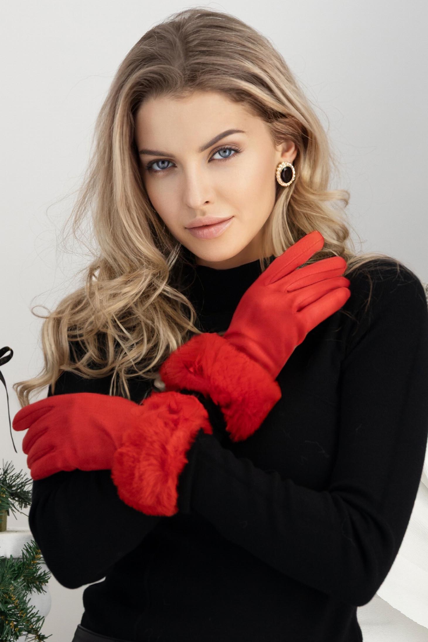 StarShinerS.ro Manusi din piele ecologica rosii  accesorizate cu blana ecologica