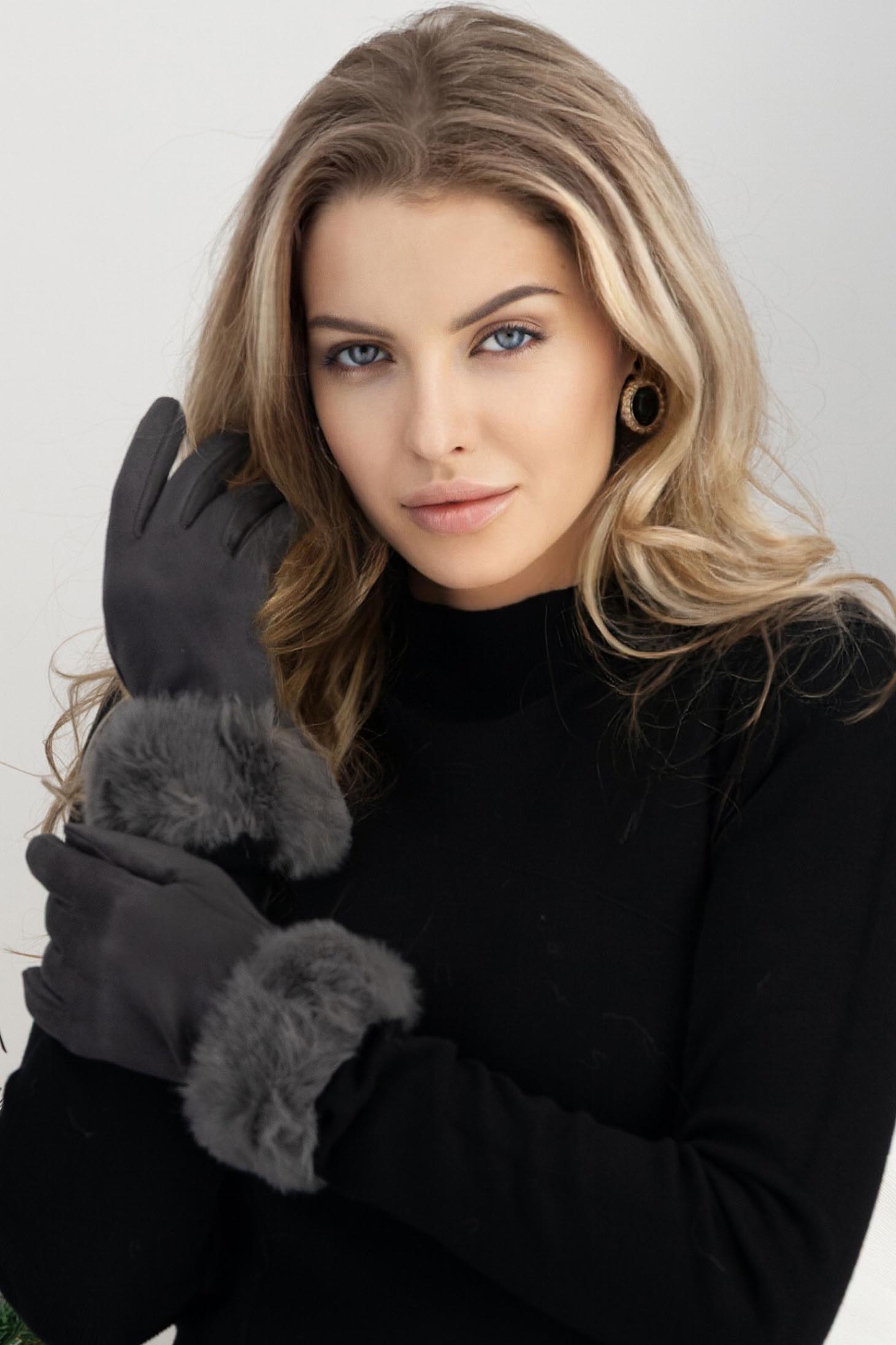 Manusi din piele ecologica gri  accesorizate cu blana ecologica 2 - StarShinerS.ro