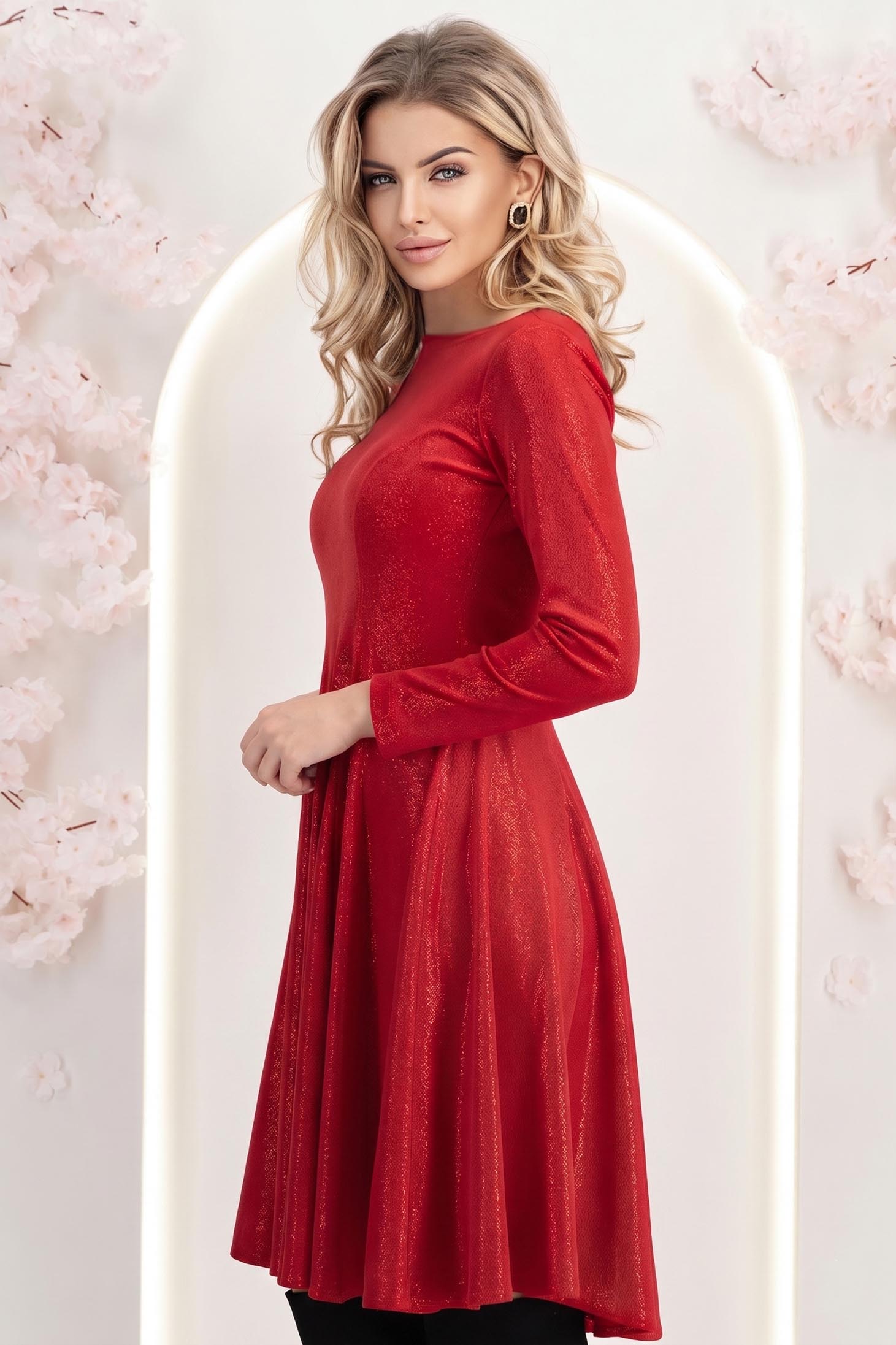 Rochie din catifea rosie pana la genunchi in clos cu decolteu rotunjit - StarShinerS 3 - StarShinerS.ro
