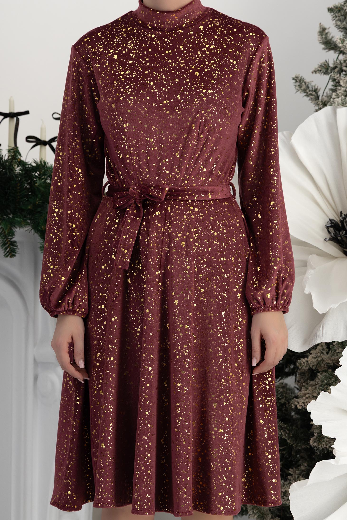 Téglaszínű ruha - StarShinerS térdig érő bársony harang alakú gumirozott derékrésszel 6 - StarShinerS.hu