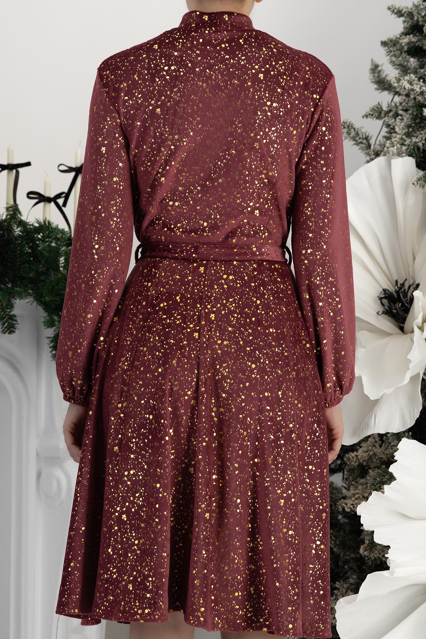 Rochie caramizie din catifea pana la genunchi in clos cu elastic in talie si cordon detasabil StarShinerS 7 - StarShinerS.ro