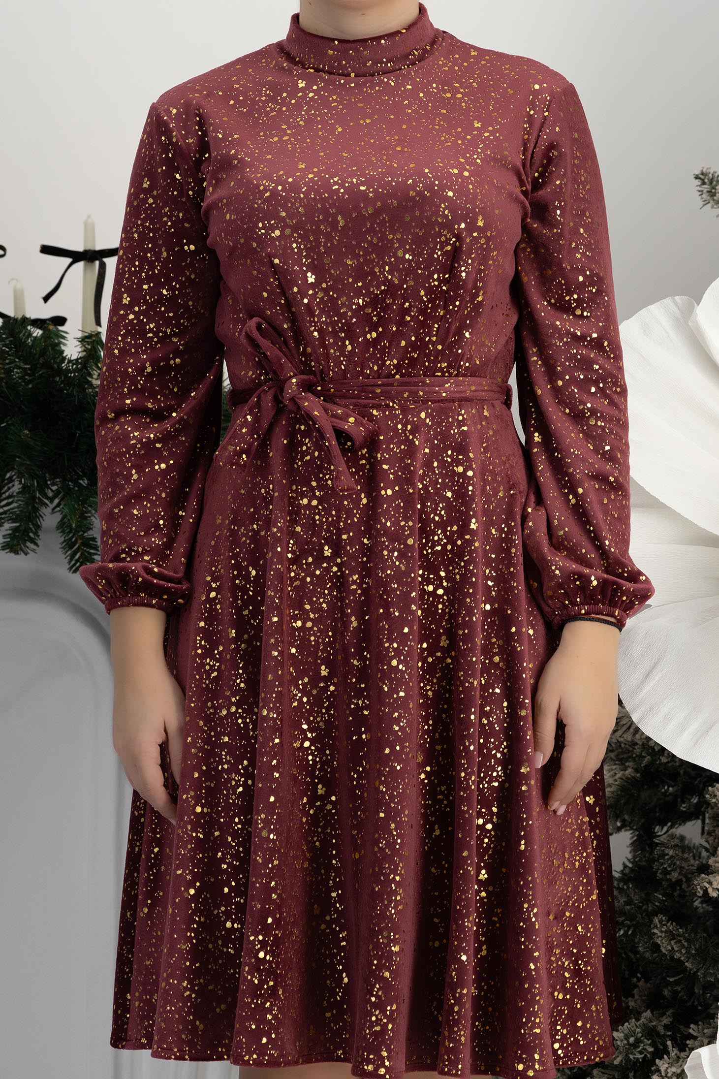 Rochie caramizie din catifea până la genunchi in clos cu elastic in talie si cordon detasabil - StarShinerS 5 - StarShinerS.ro