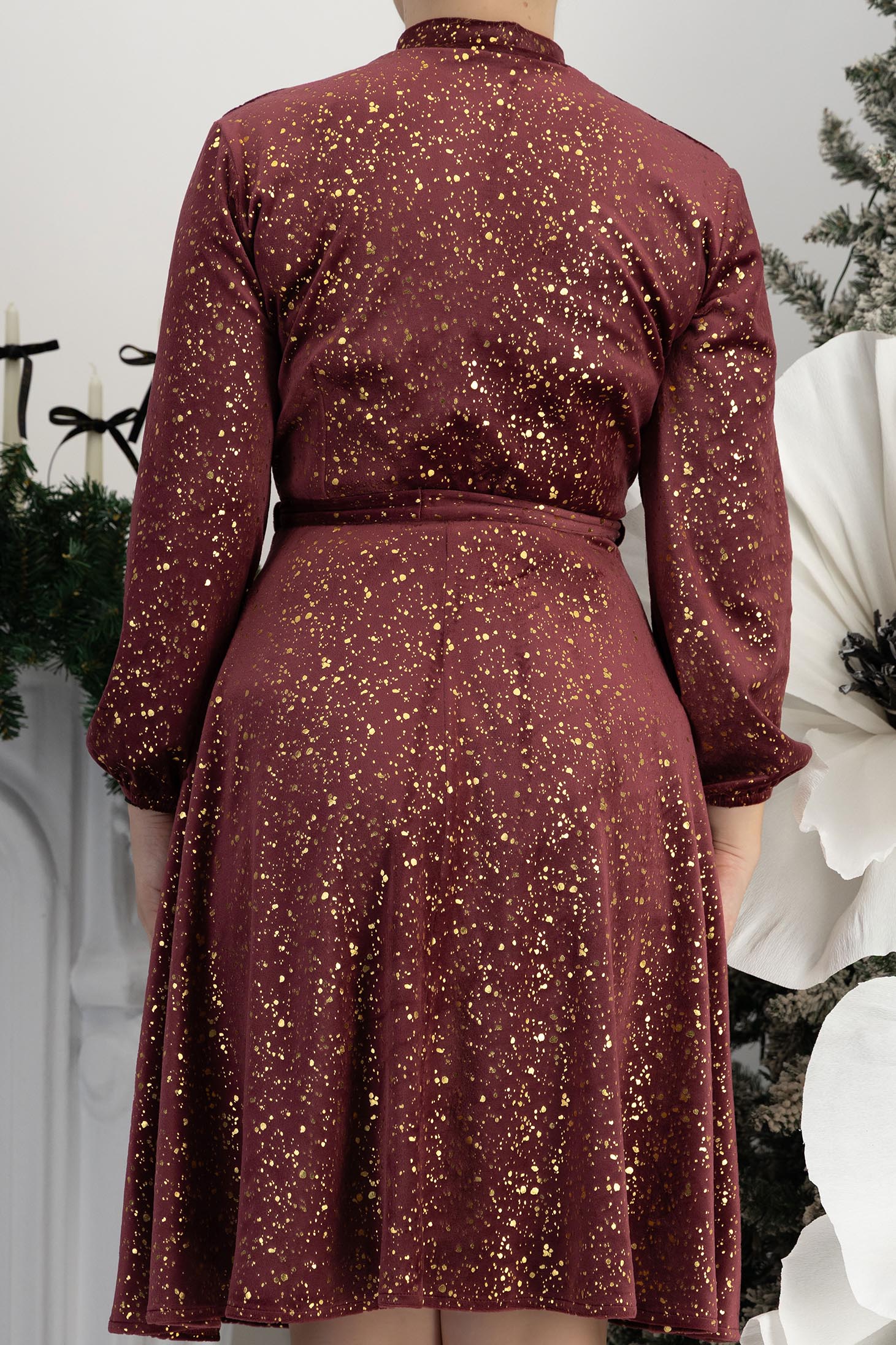 Rochie caramizie din catifea până la genunchi in clos cu elastic in talie si cordon detasabil - StarShinerS 6 - StarShinerS.ro