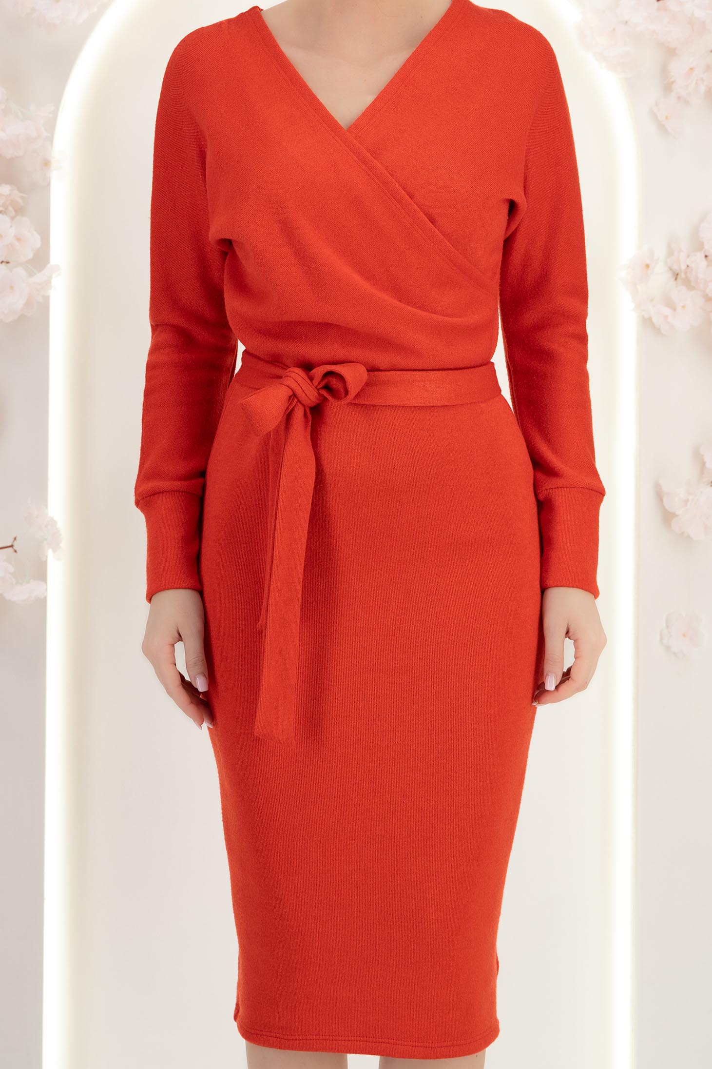 Rochie tricotata rosie midi tip creion decolteu petrecut - StarShinerS 4 - StarShinerS.ro