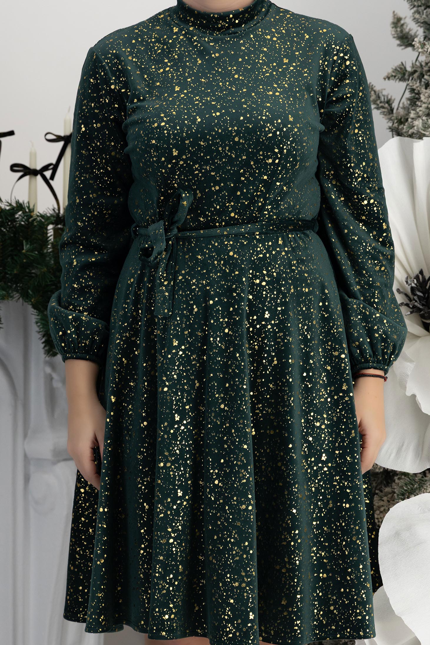 StarShinerS zelená šaty samet zapínání v pase na gumu 5 - StarShinerS.cz