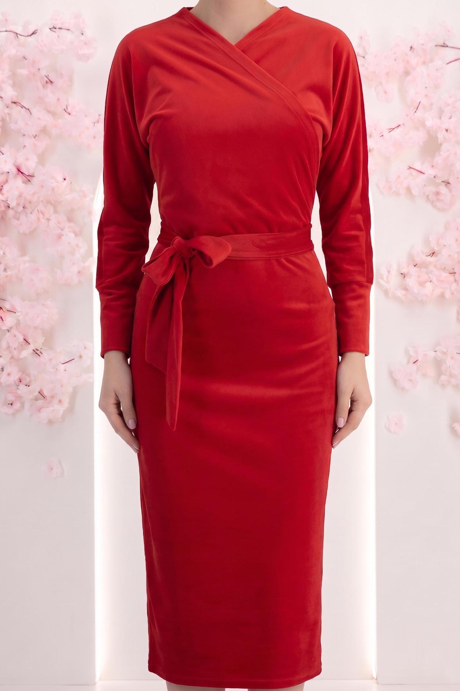 Rochie din catifea rosie midi tip creion cu decolteu petrecut - StarShinerS 5 - StarShinerS.ro