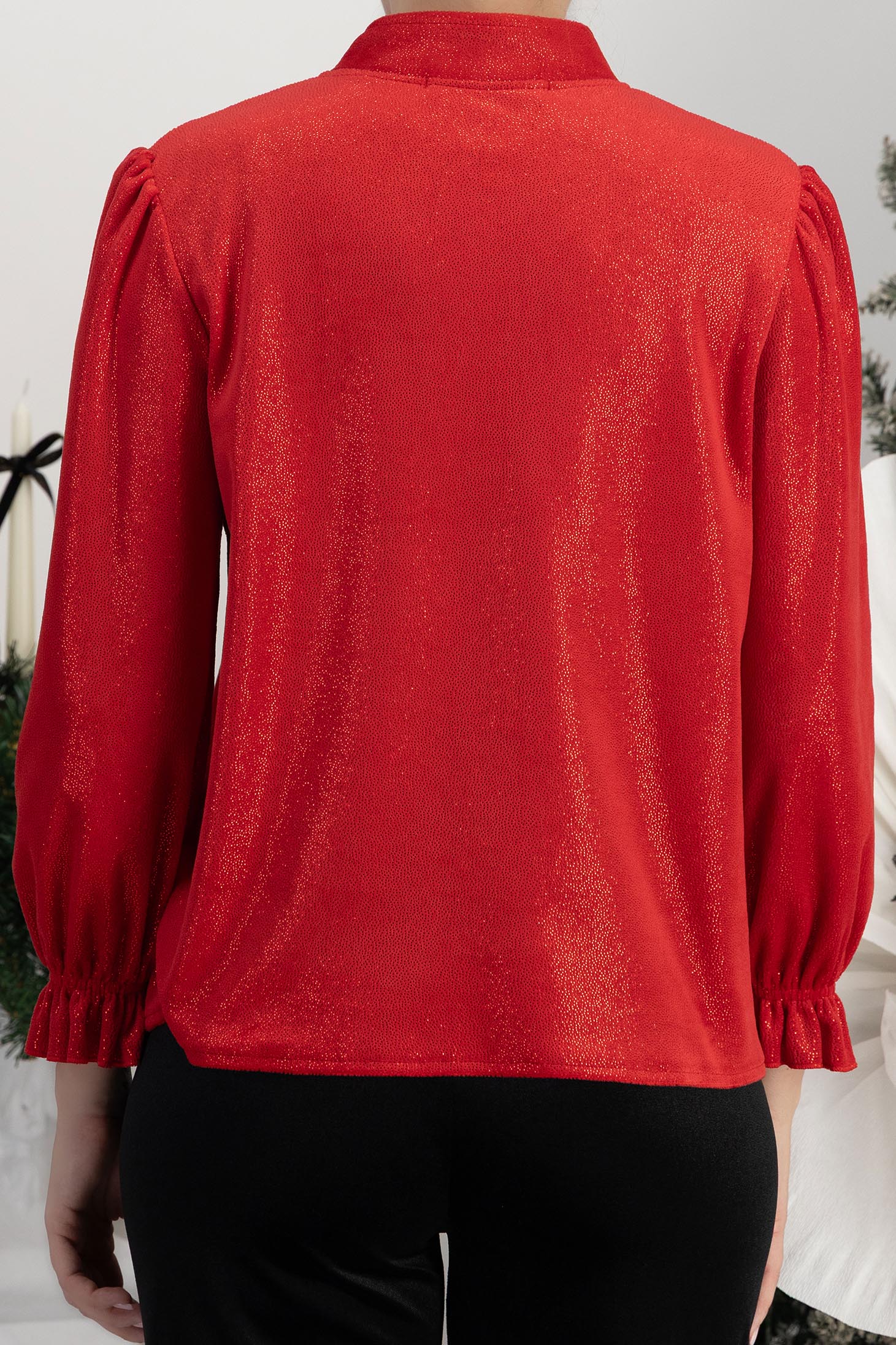 Bluza din catifea cu sclipici rosie cu un croi usor larg si volanase la maneca - StarShinerS 6 - StarShinerS.ro