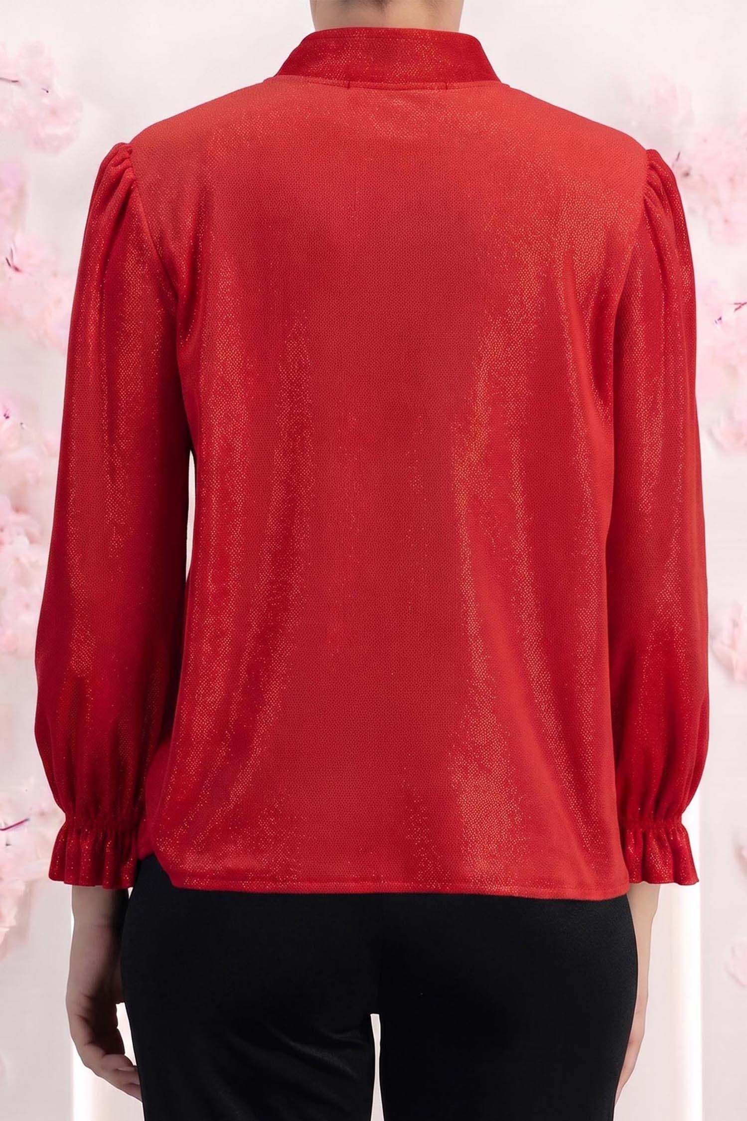 Bluza din catifea cu sclipici rosie cu un croi usor larg si volanase la maneca - StarShinerS 5 - StarShinerS.ro