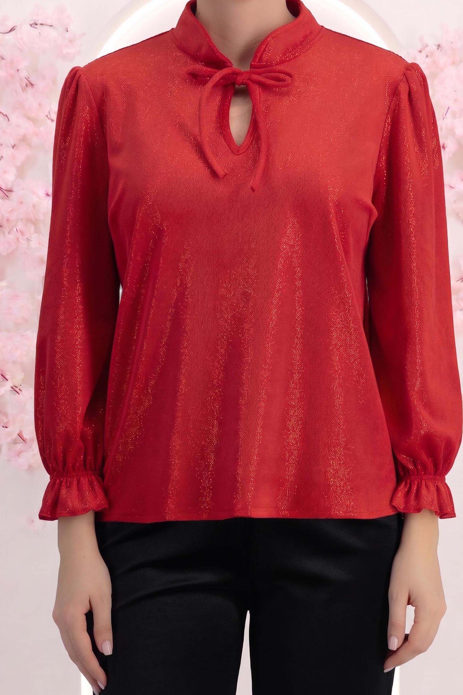 Bluza din catifea cu sclipici rosie cu un croi usor larg si volanase la maneca - StarShinerS 4 - StarShinerS.ro