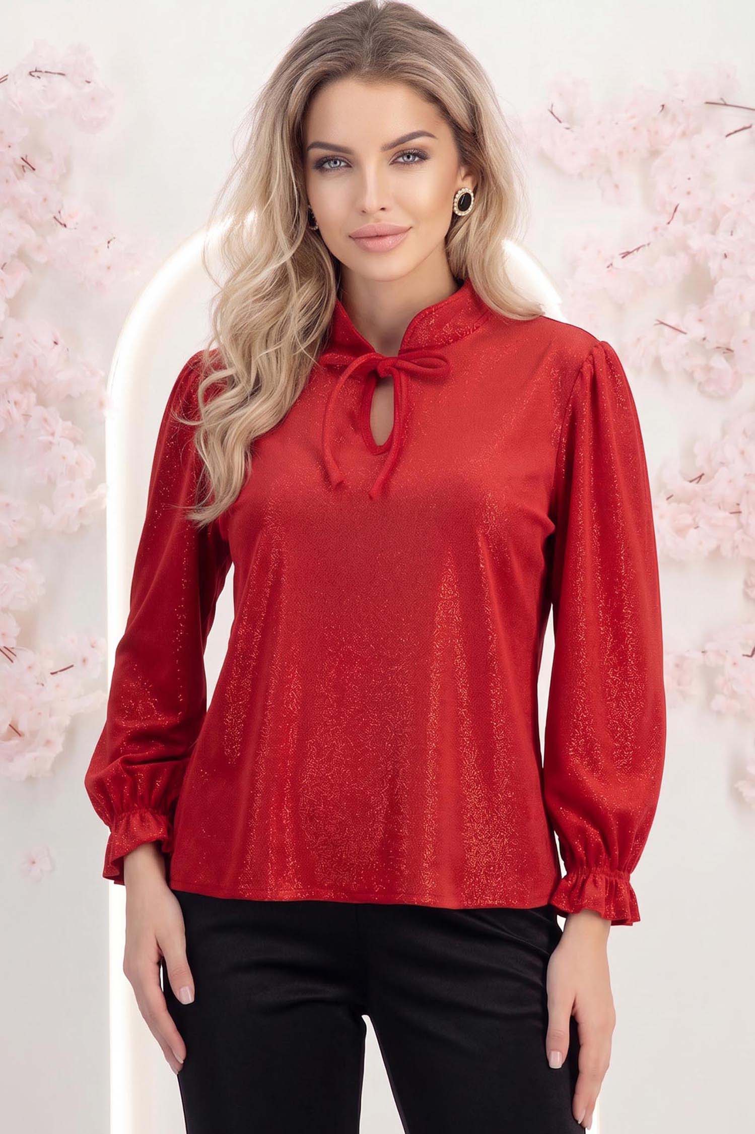 StarShinerS.ro Bluza din catifea cu sclipici rosie cu un croi usor larg si volanase la maneca - StarShinerS