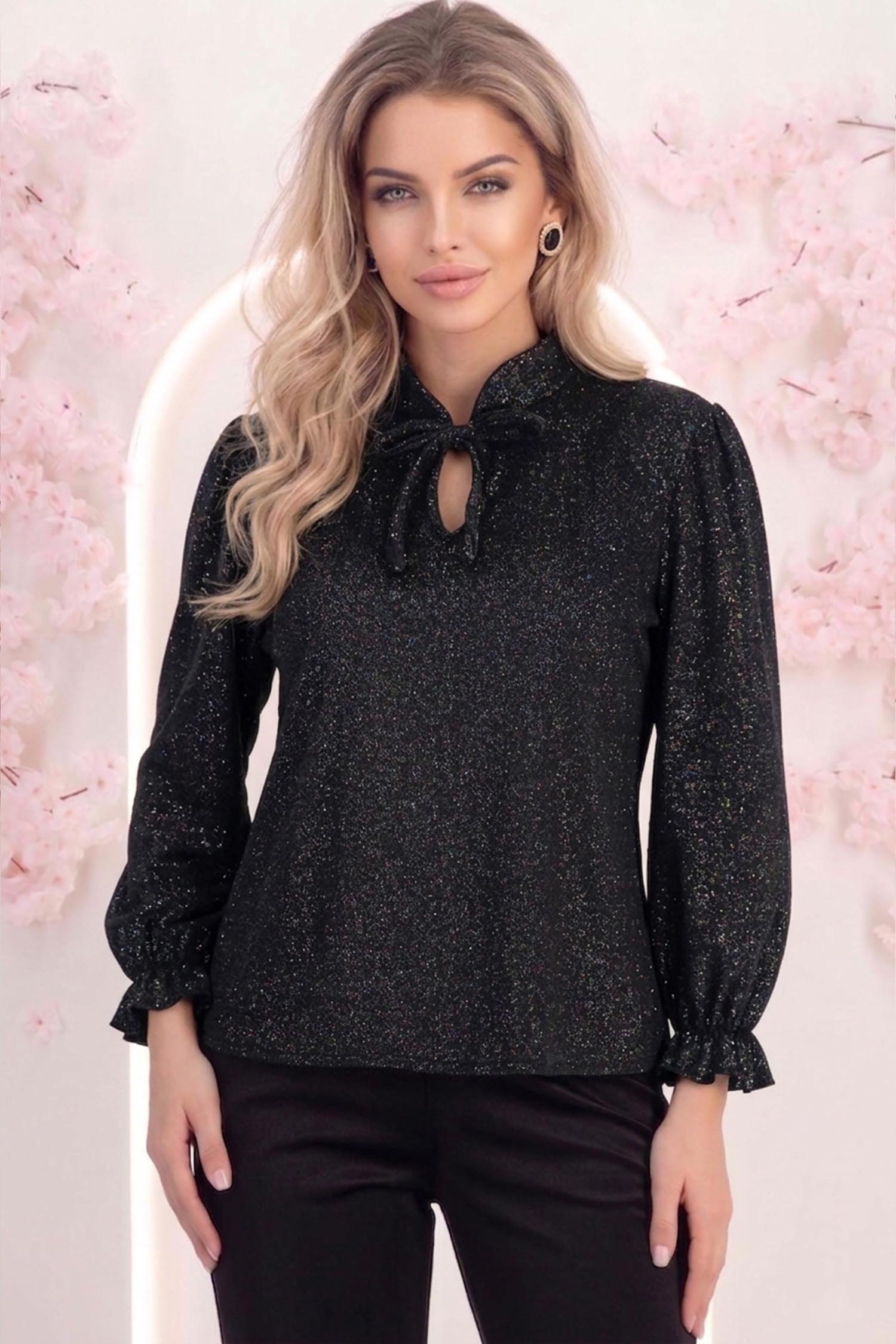 Bluza din catifea cu sclipici neagra cu un croi usor larg si volanase la maneca - StarShinerS 2 - StarShinerS.ro
