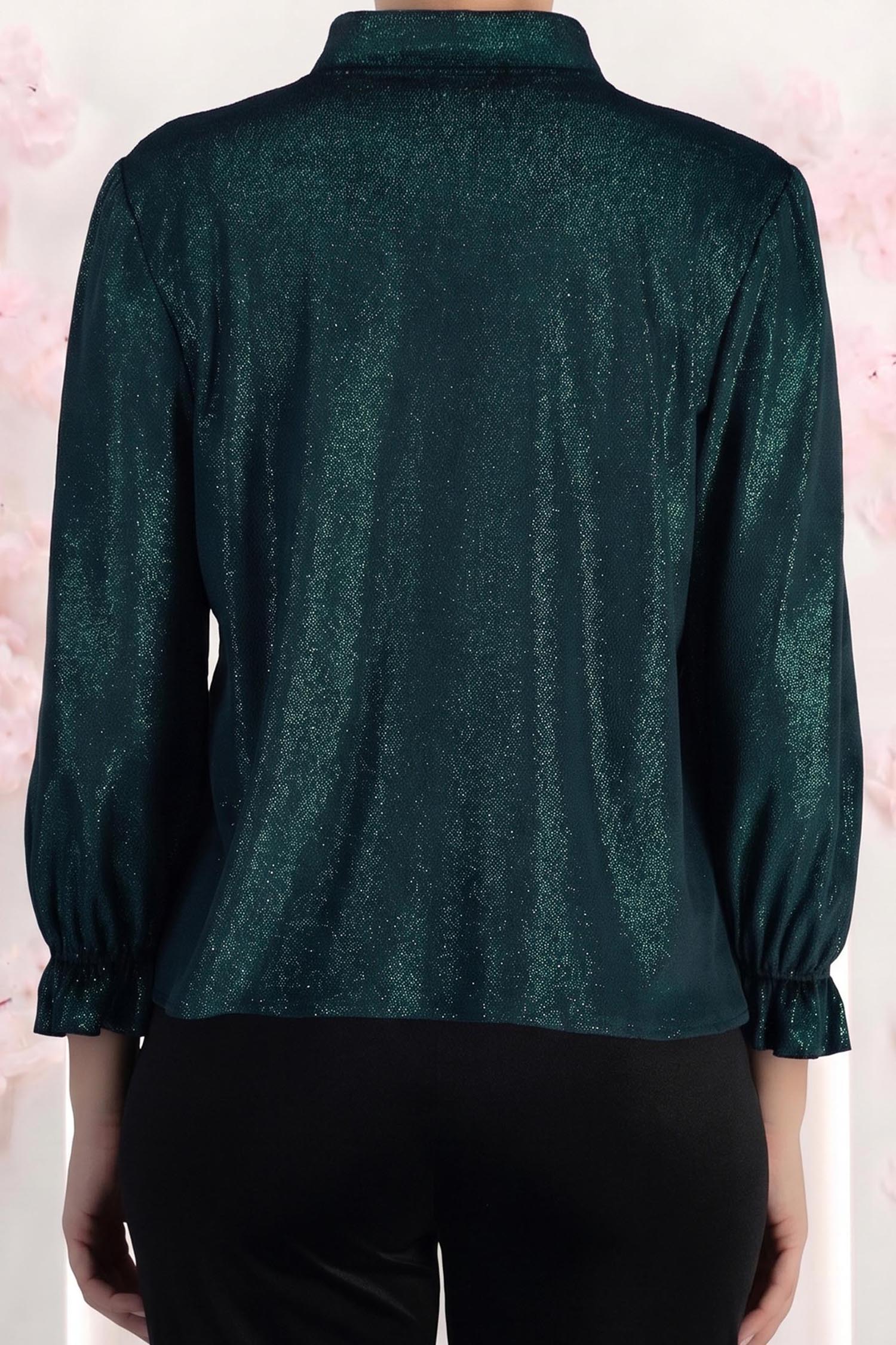 Bluza din catifea cu sclipici verde cu un croi usor larg si volanase la maneca - StarShinerS 5 - StarShinerS.ro