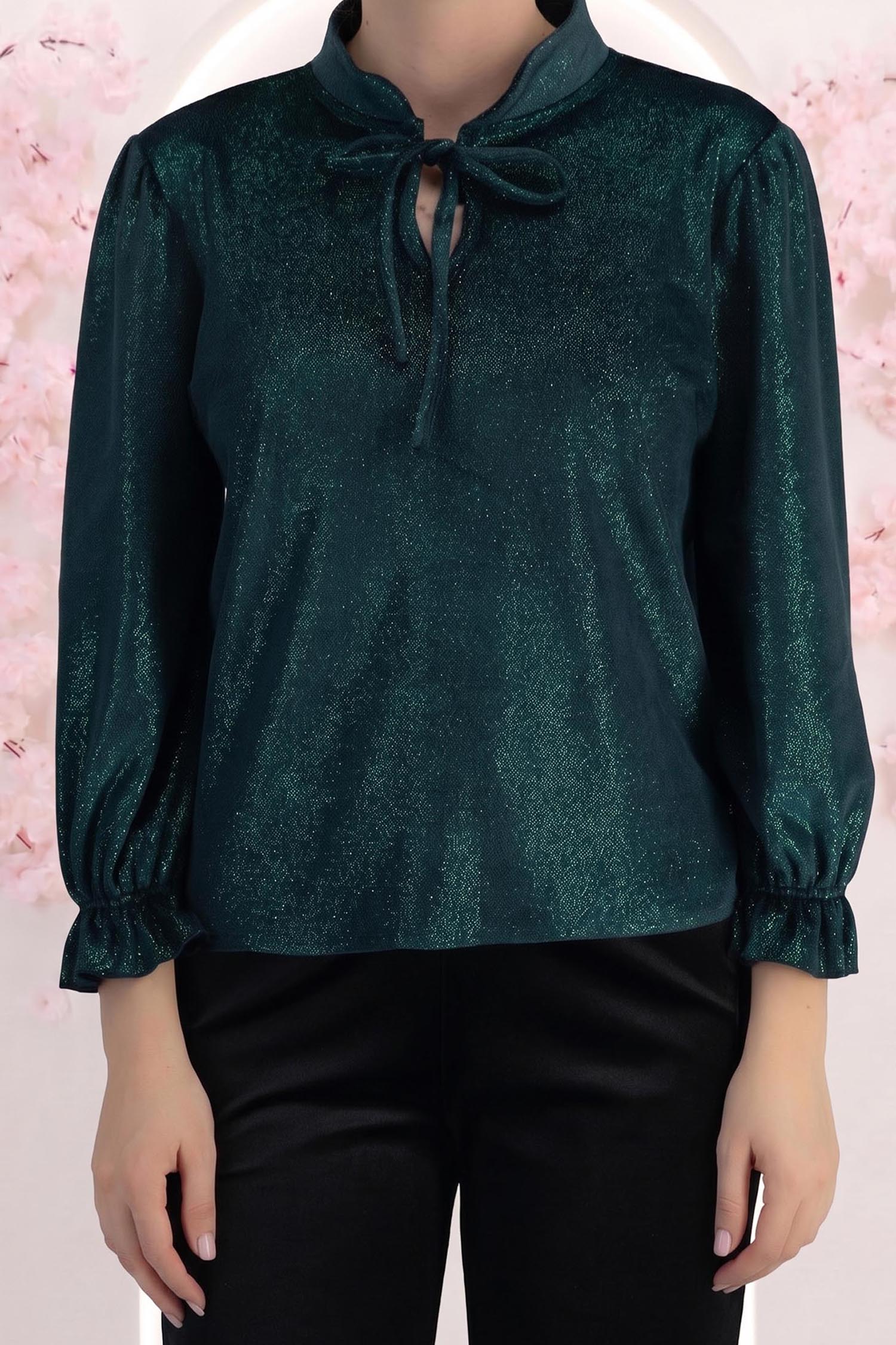 Bluza din catifea cu sclipici verde cu un croi usor larg si volanase la maneca - StarShinerS 4 - StarShinerS.ro