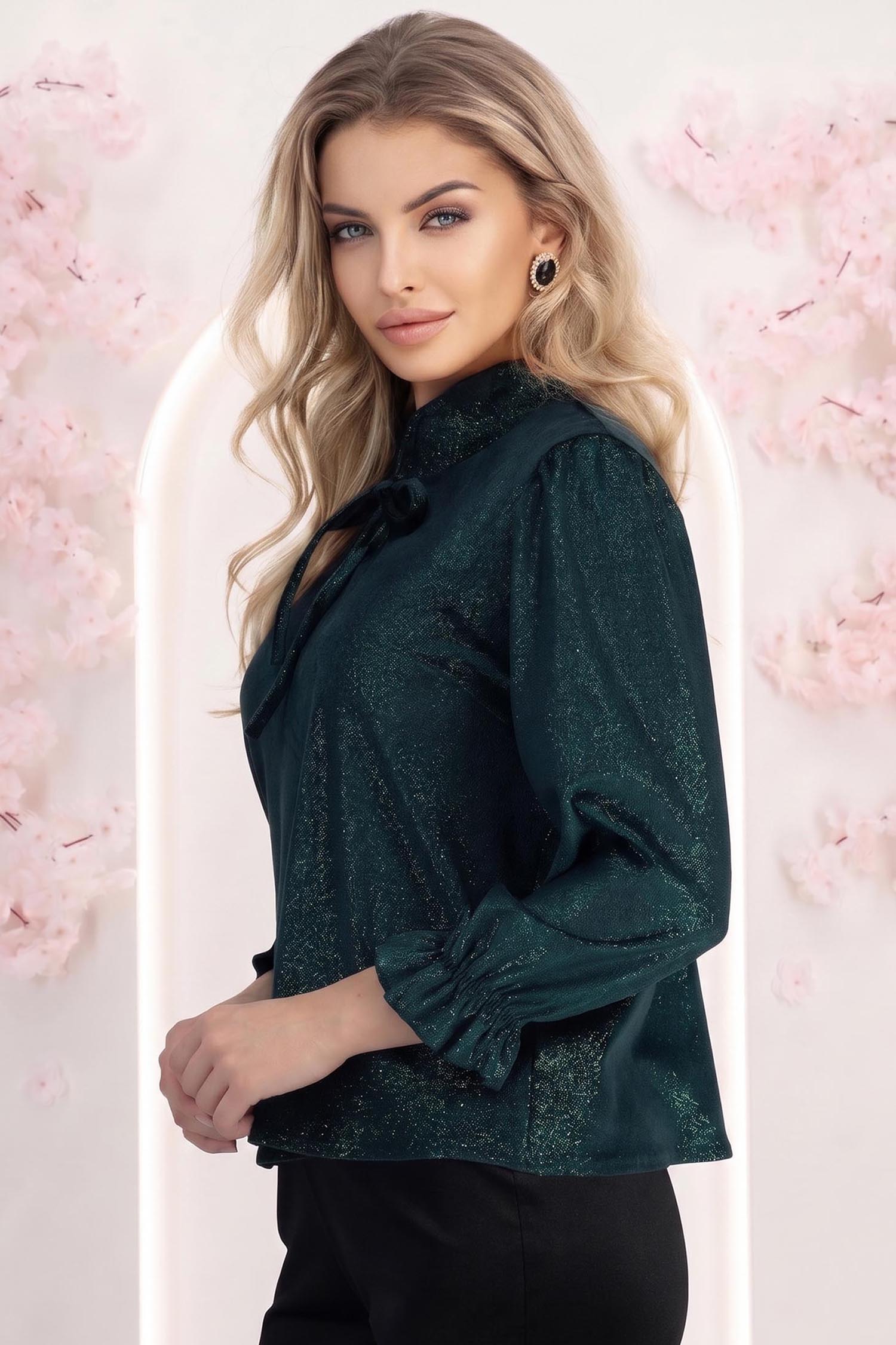 Bluza din catifea cu sclipici verde cu un croi usor larg si volanase la maneca - StarShinerS 2 - StarShinerS.ro