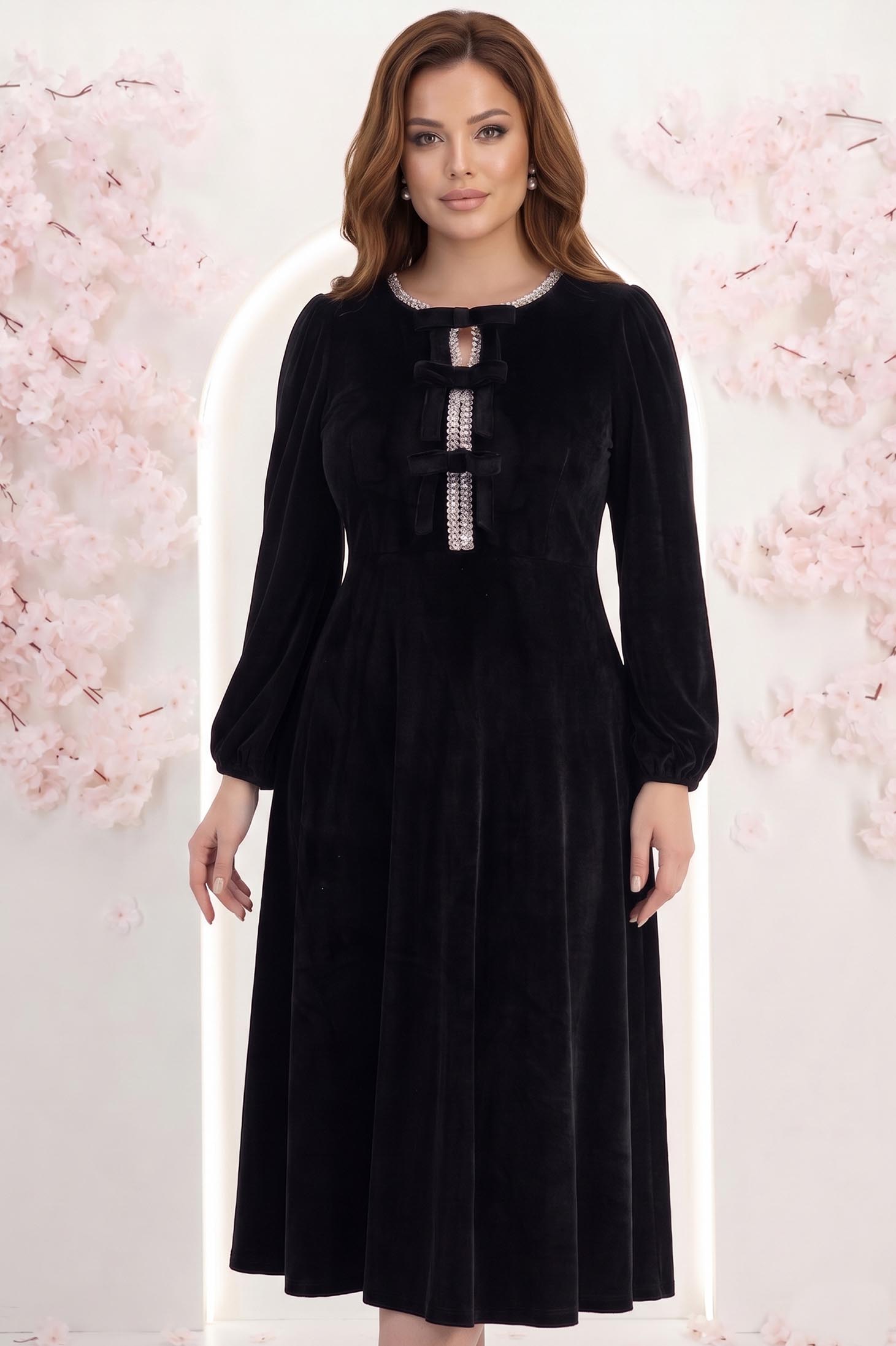 Rochie din catifea neagra midi in clos accesorizata cu fundite si pietre strass frontal 2 - StarShinerS.ro