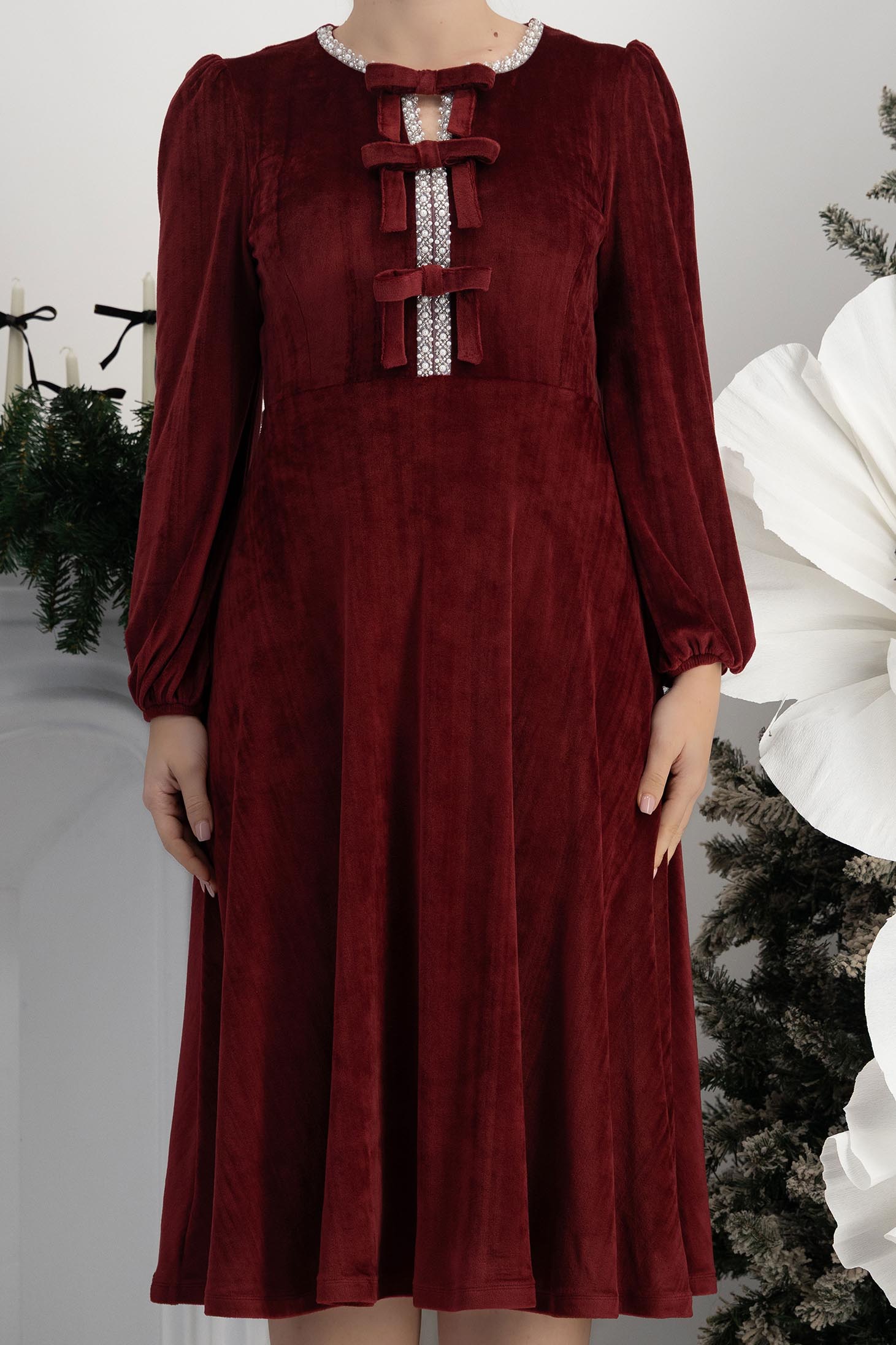 Třešňová šaty samet přes koleno zvonový skleník 5 - StarShinerS.cz